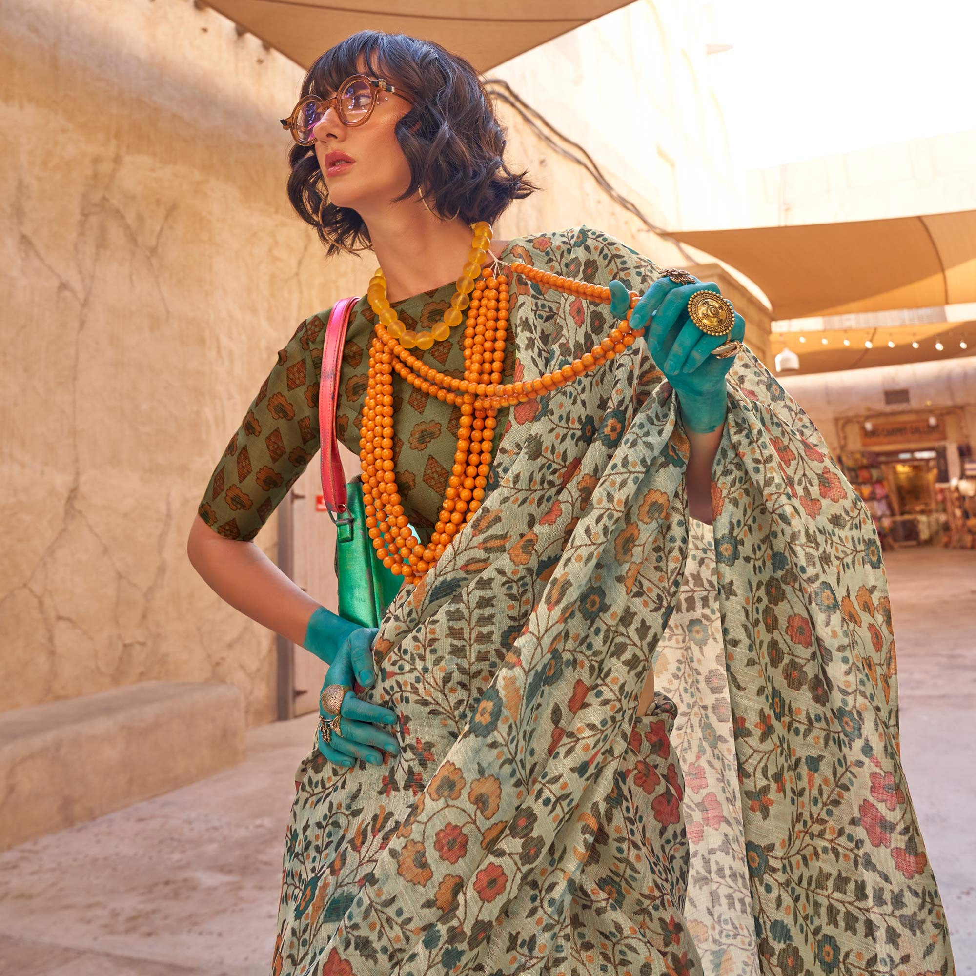 Grey Floral Printed Tissue Saree With Tassels