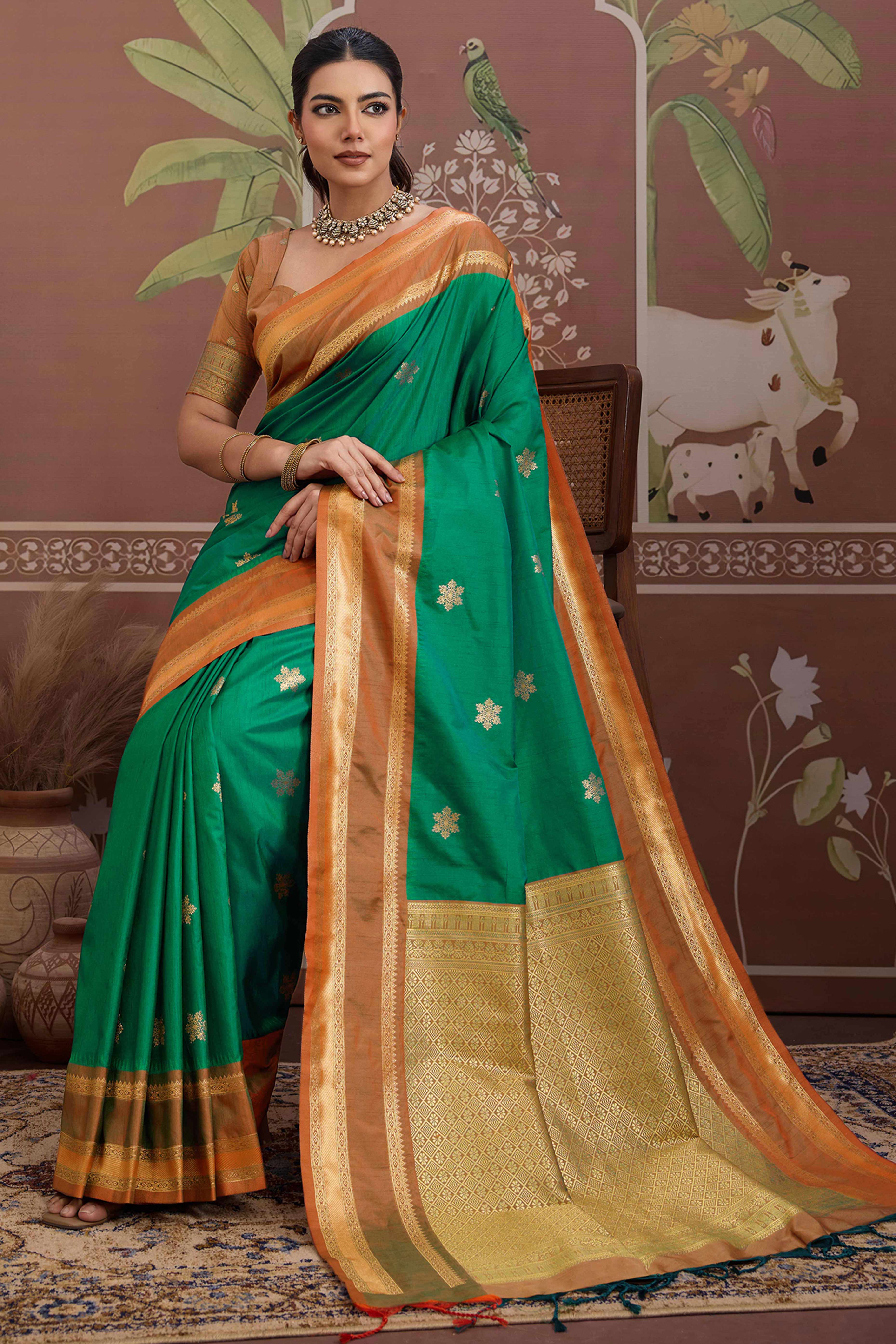 Luxury Style Green Saree in Silk Blend with Intricate Zari Work