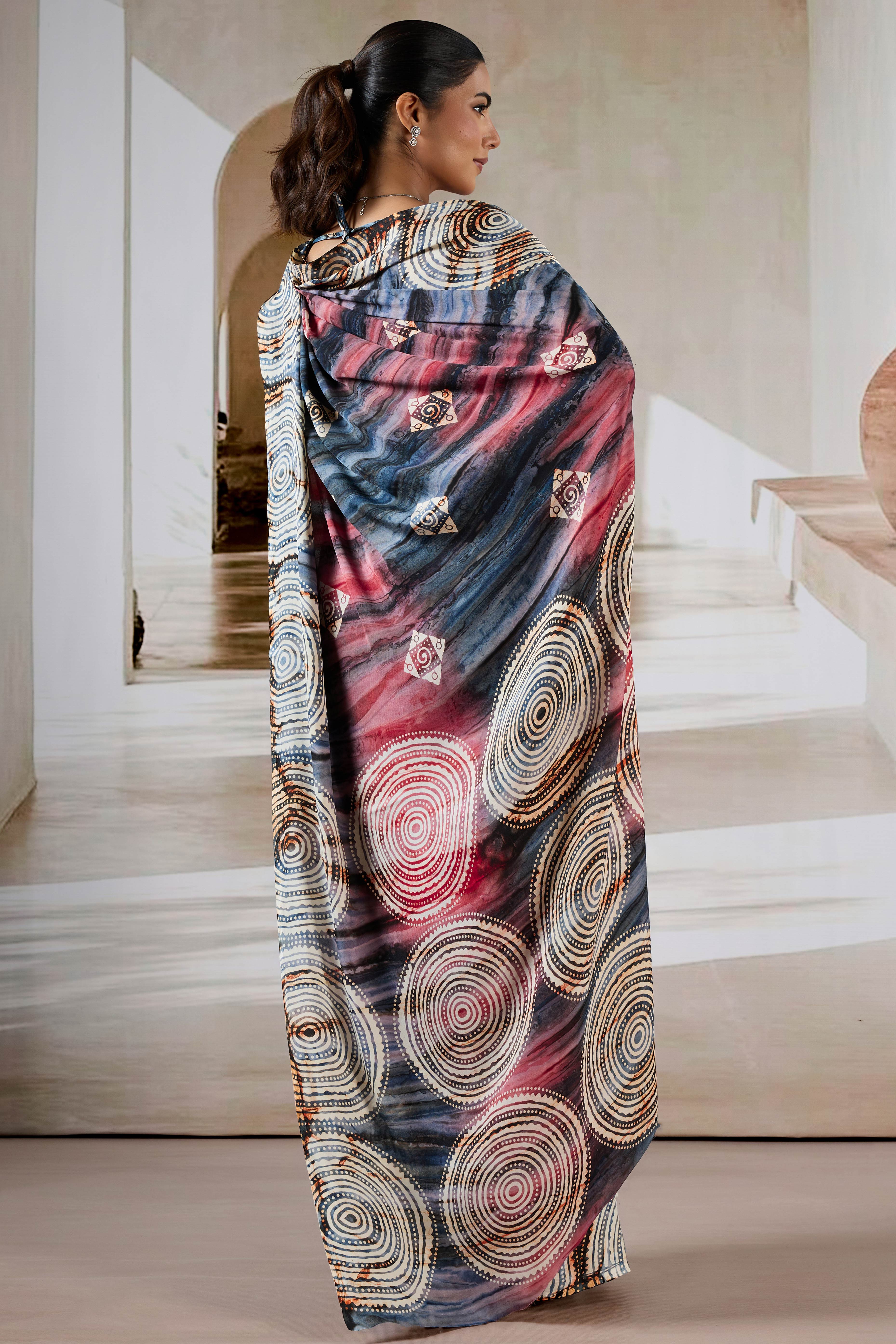 Luxury Charcoal Grey Abstract Prism Print Modal Satin Saree Featuring Artistic Work