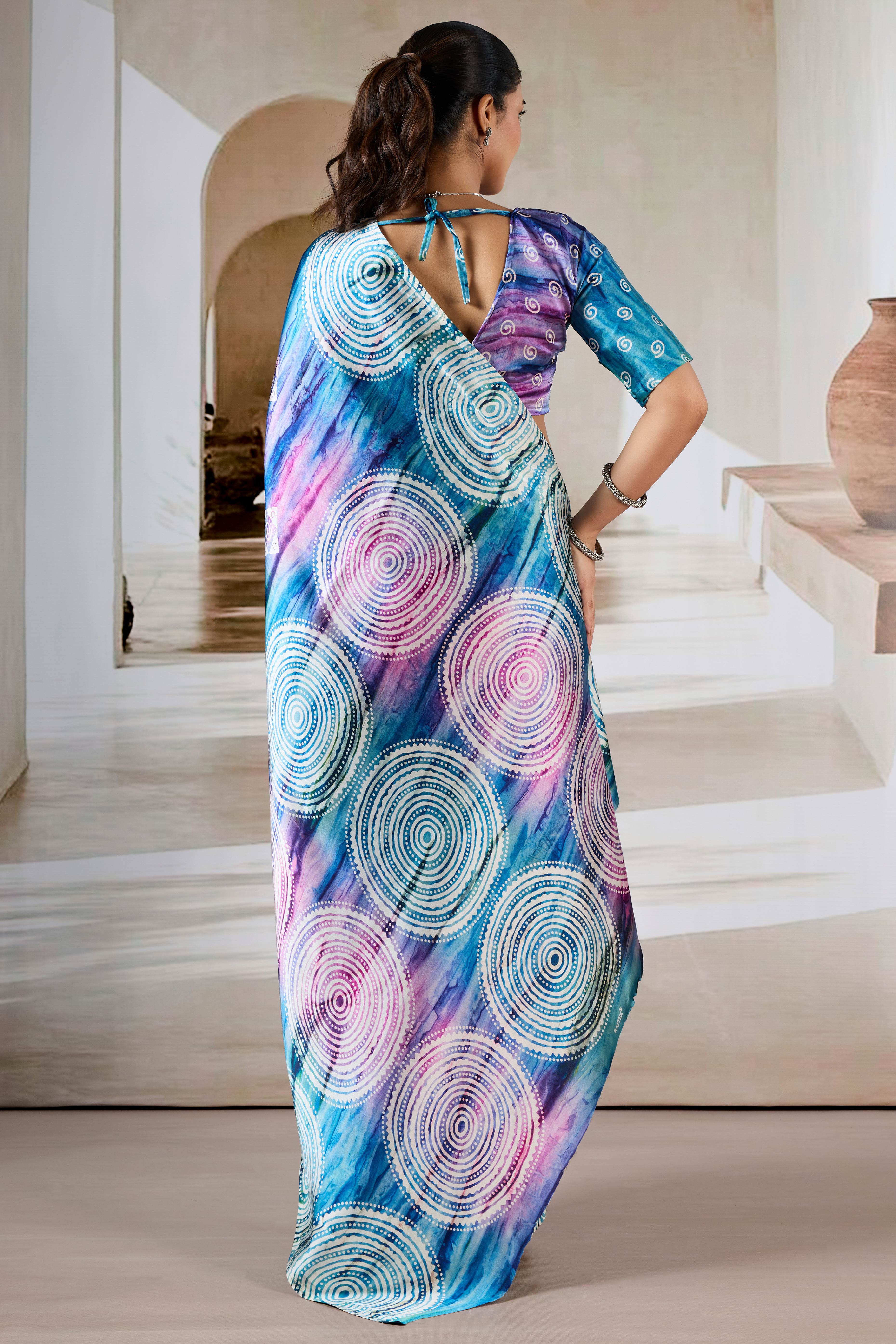 Luxury Blue Abstract Prism Print Modal Satin Saree Featuring Artistic Work