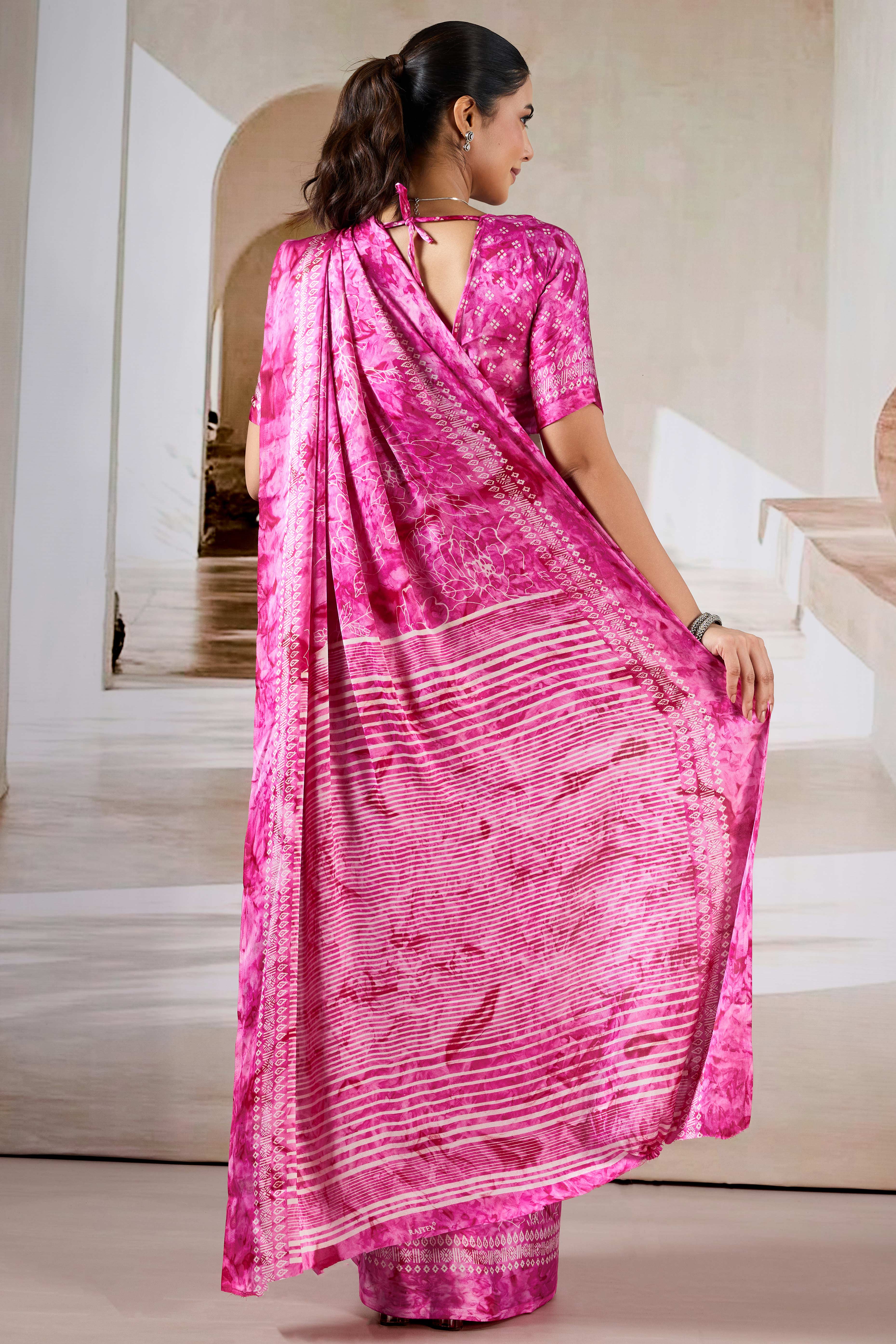 Luxury Pink Abstract Prism Print Modal Satin Saree Featuring Artistic Work