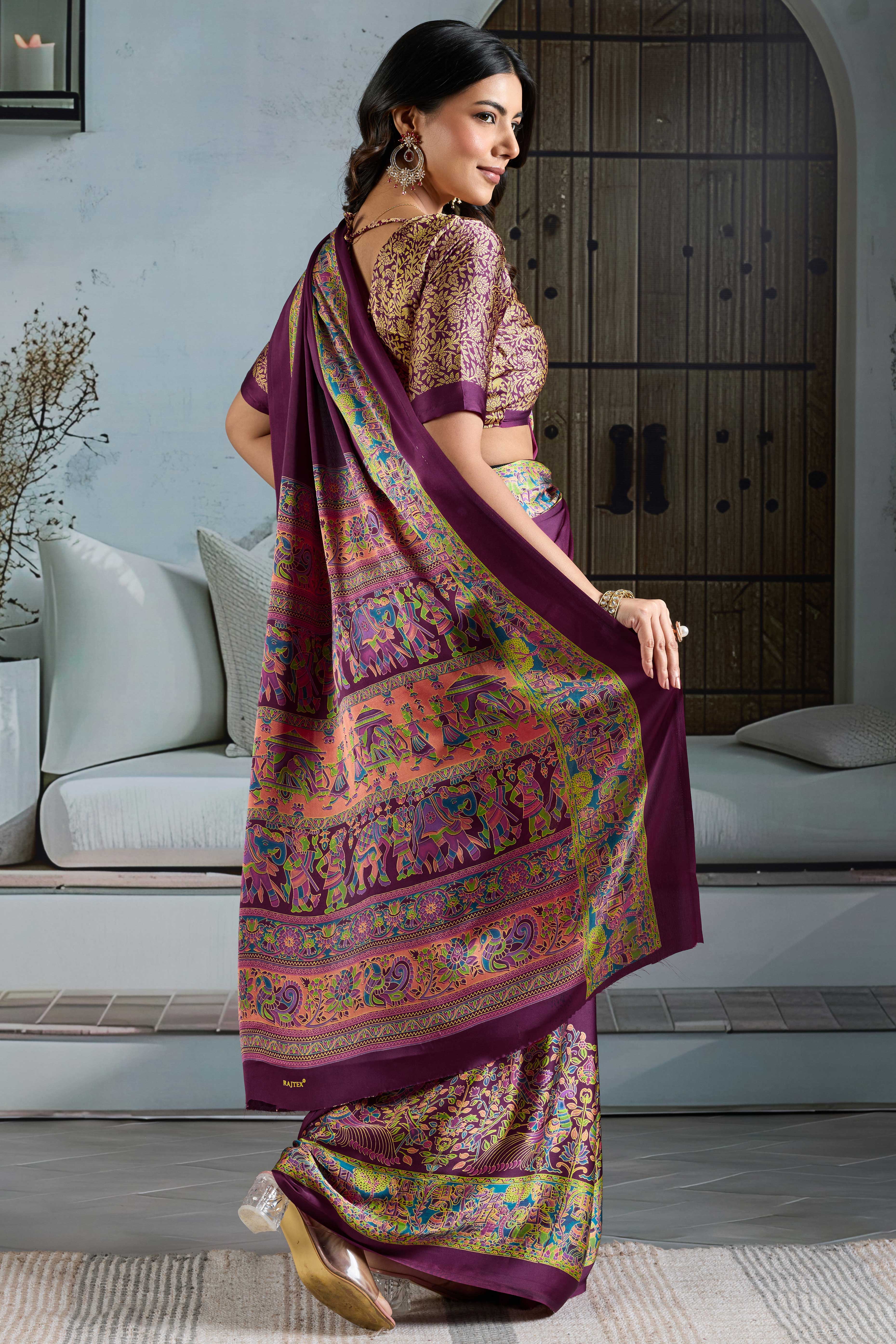 Classic Wine Solid Modal Satin Saree With Multicolor Traditional Folk Art Printed Border & Pallu