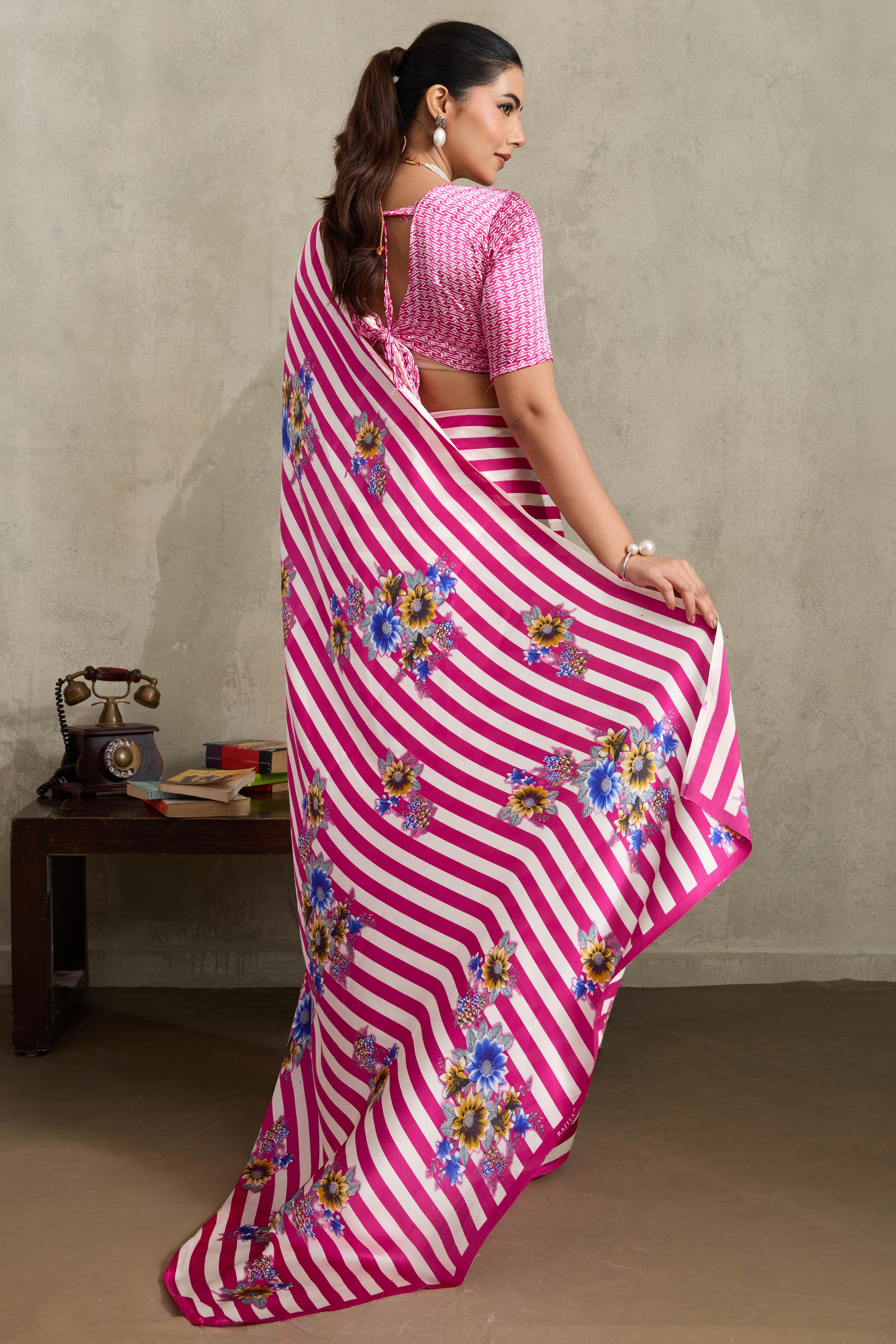 Pink Elegant Ajrakh Printed Modal Satin Saree Designed for Festive & Party Occasions