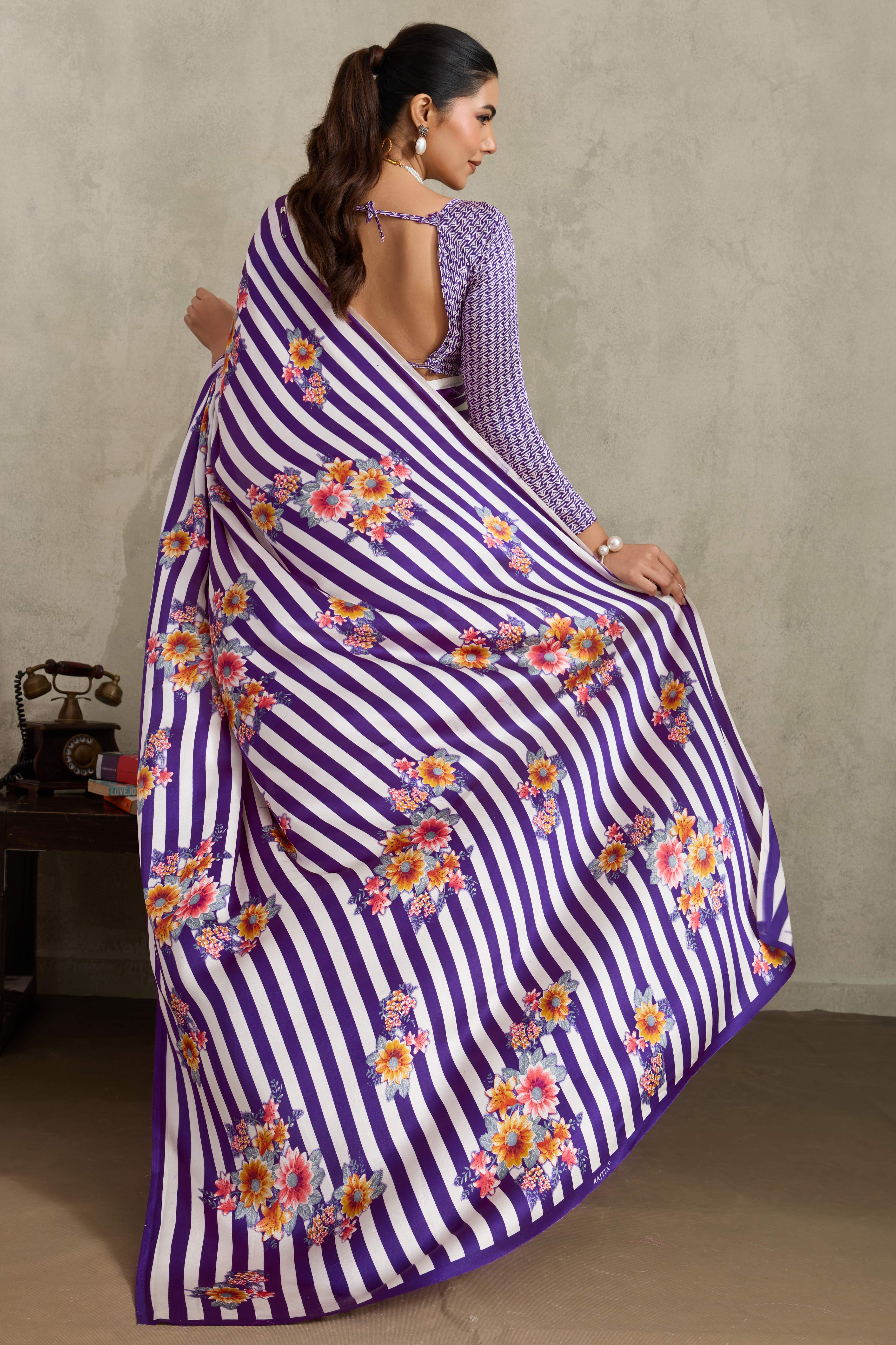 Purple Elegant Ajrakh Printed Modal Satin Saree Designed for Festive & Party Occasions