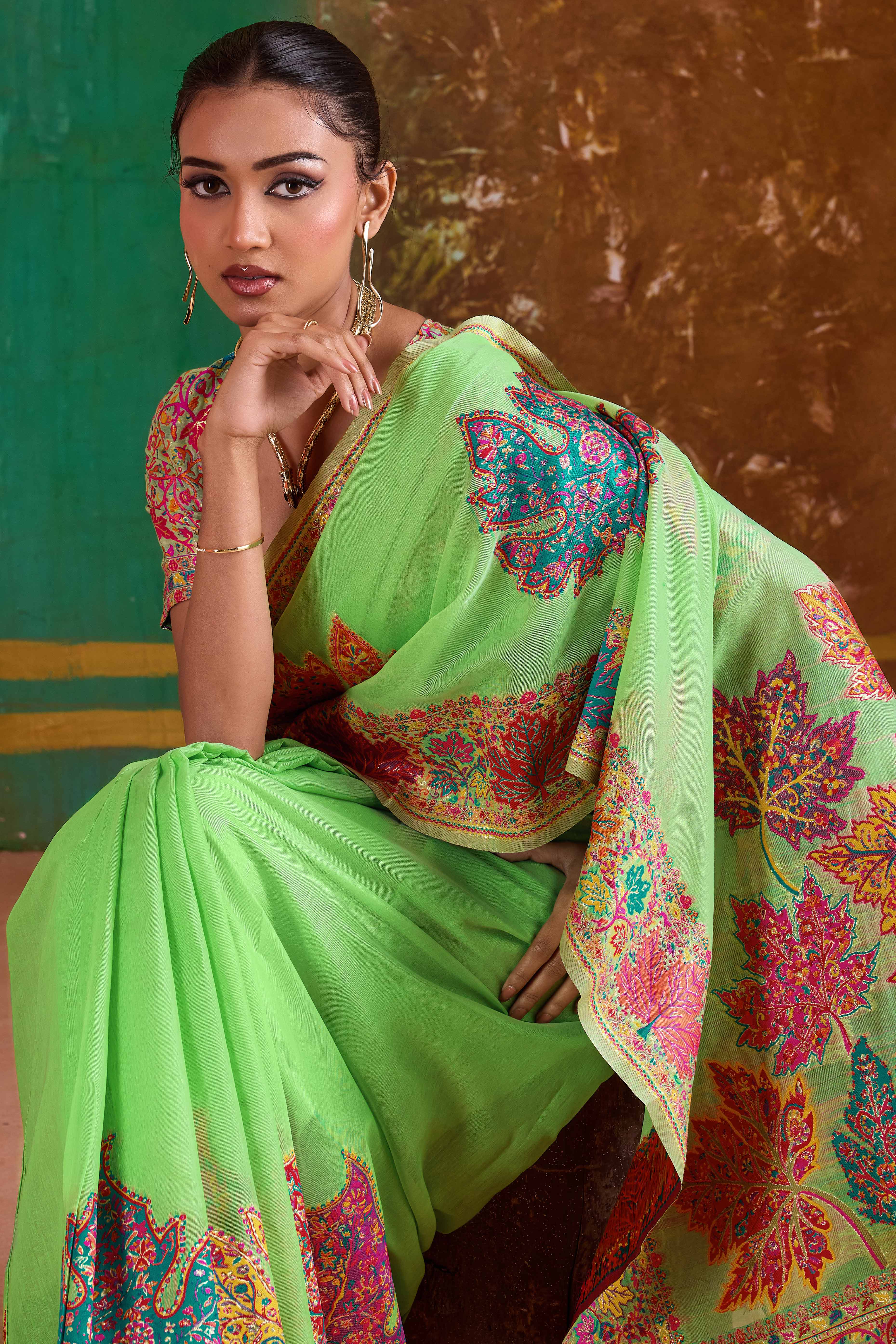 Luxurious Green Leaf Motif Pashmina Weaving Modal Cotton Blend Saree With Refined Appeal