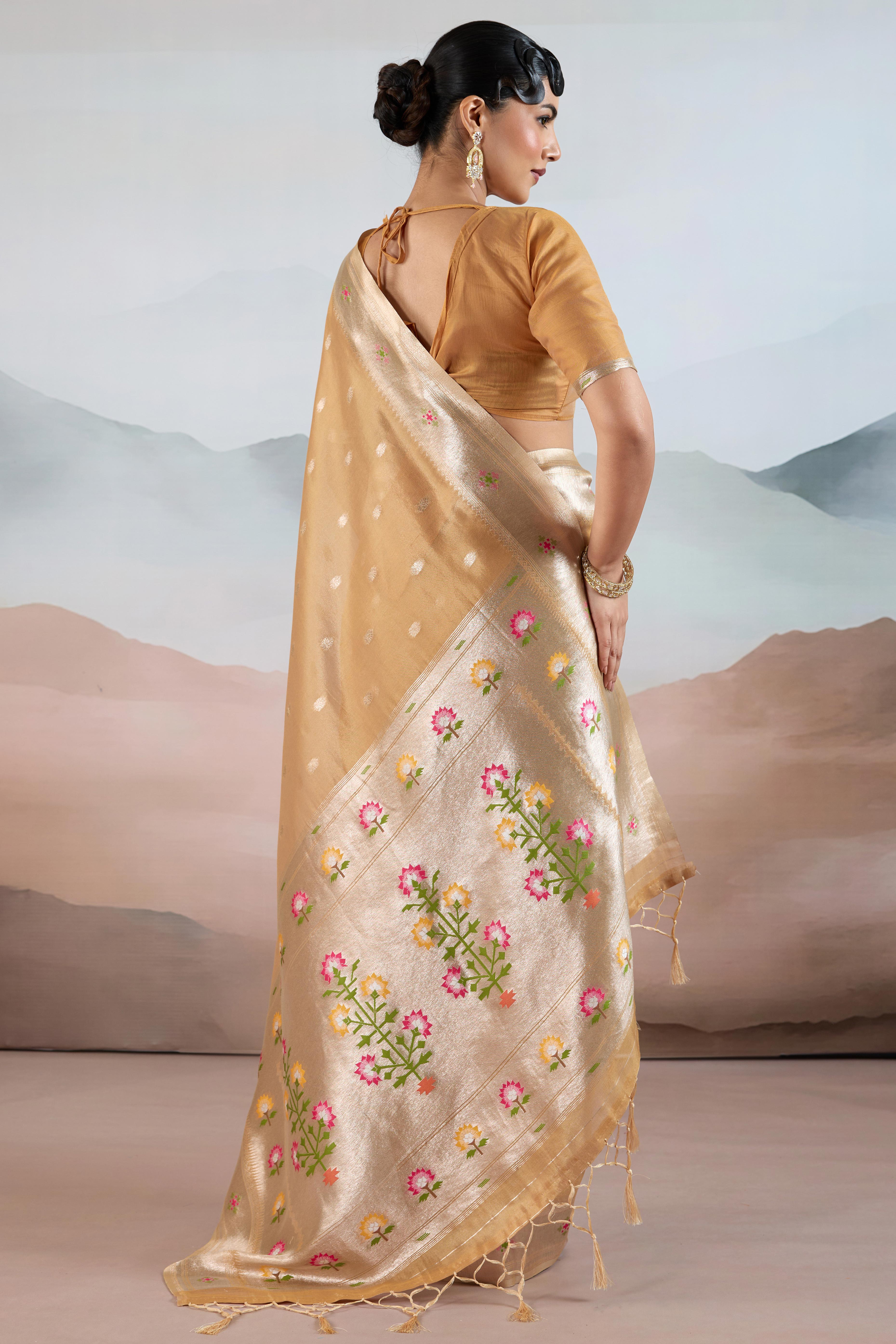 Beige Festive Tissue Saree Crafted with Artistic Zari Butti Weaving and a Featherlight Texture