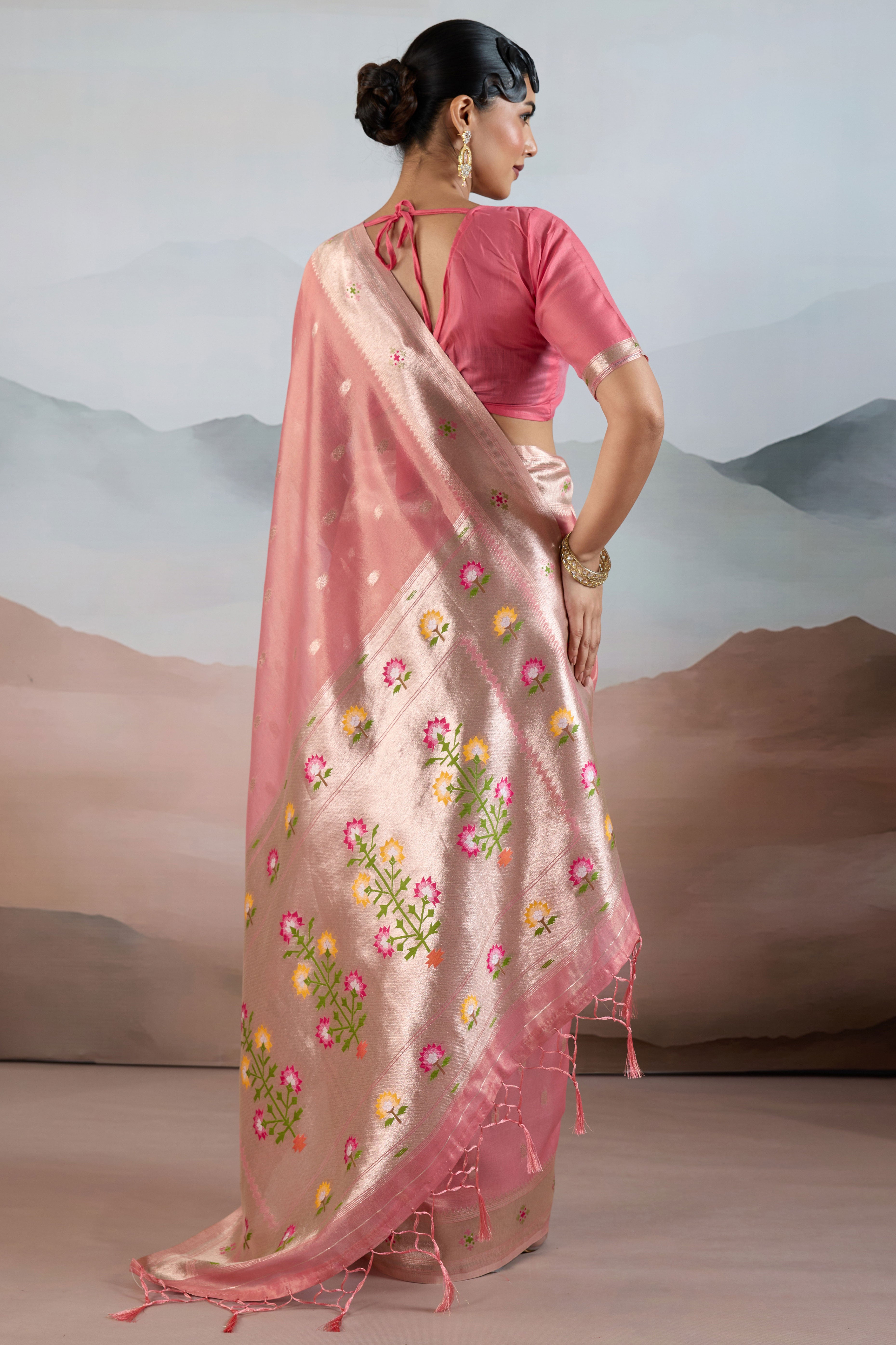 Pink Festive Tissue Saree Crafted with Artistic Zari Butti Weaving and a Featherlight Texture