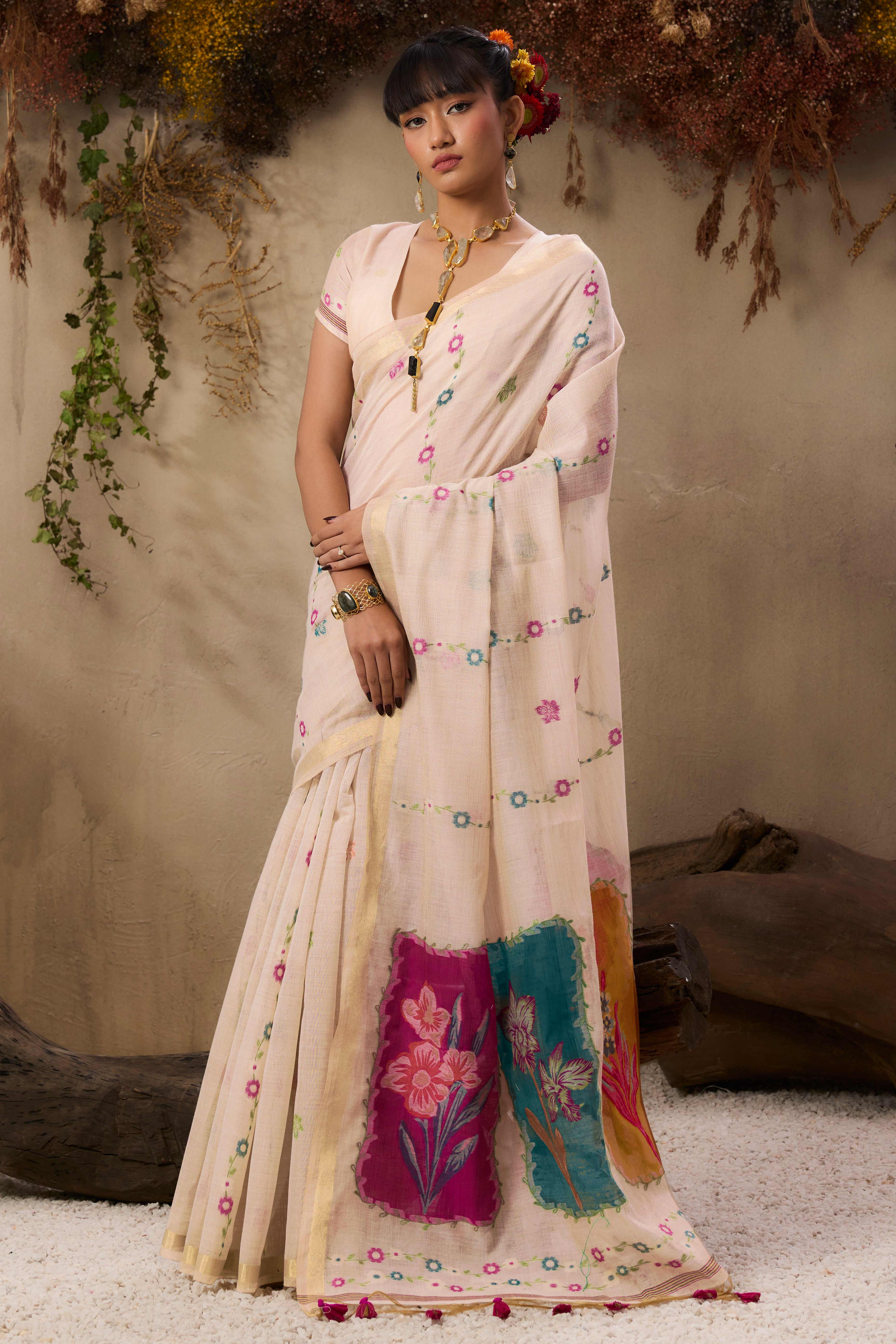 Cream Handloom Munga Cotton Blend Saree with Elegant Floral Weaving