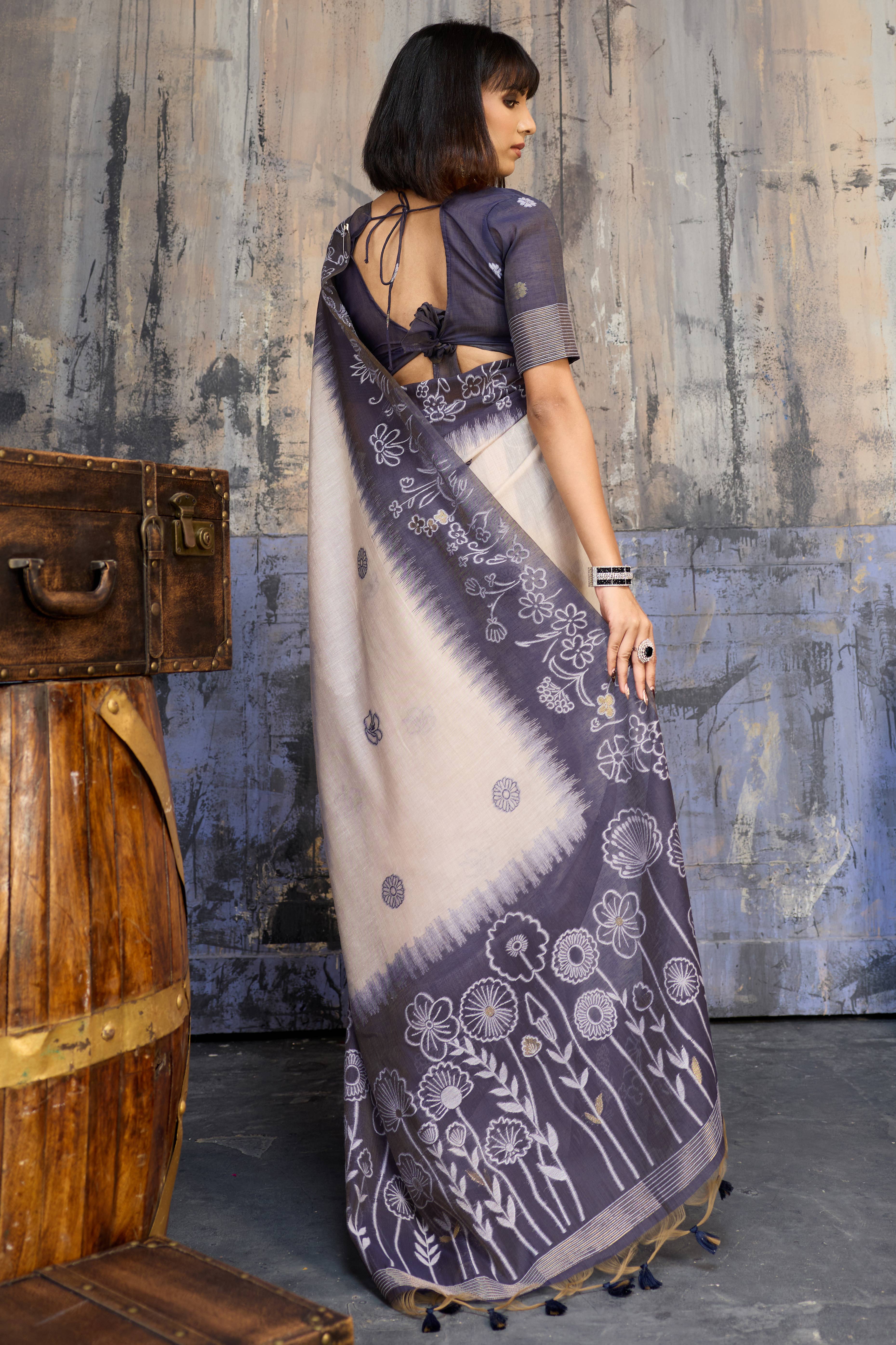 Beige & Blue Classic Munga Cotton Blend Saree with Intricate Floral Woven Detailing