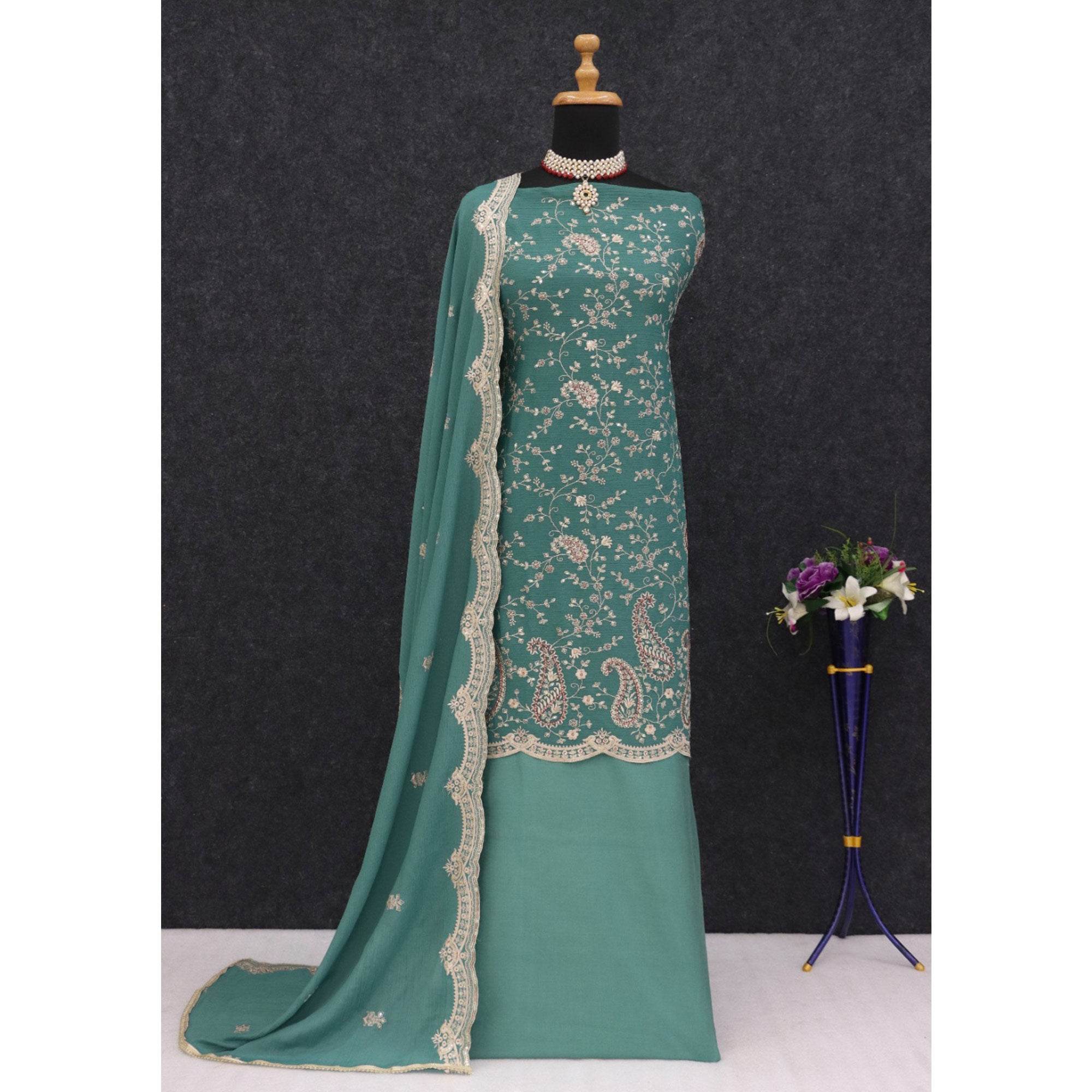 Rama Green Floral Sequins Embroidered Georgette Semi Stitched Salwar Suit