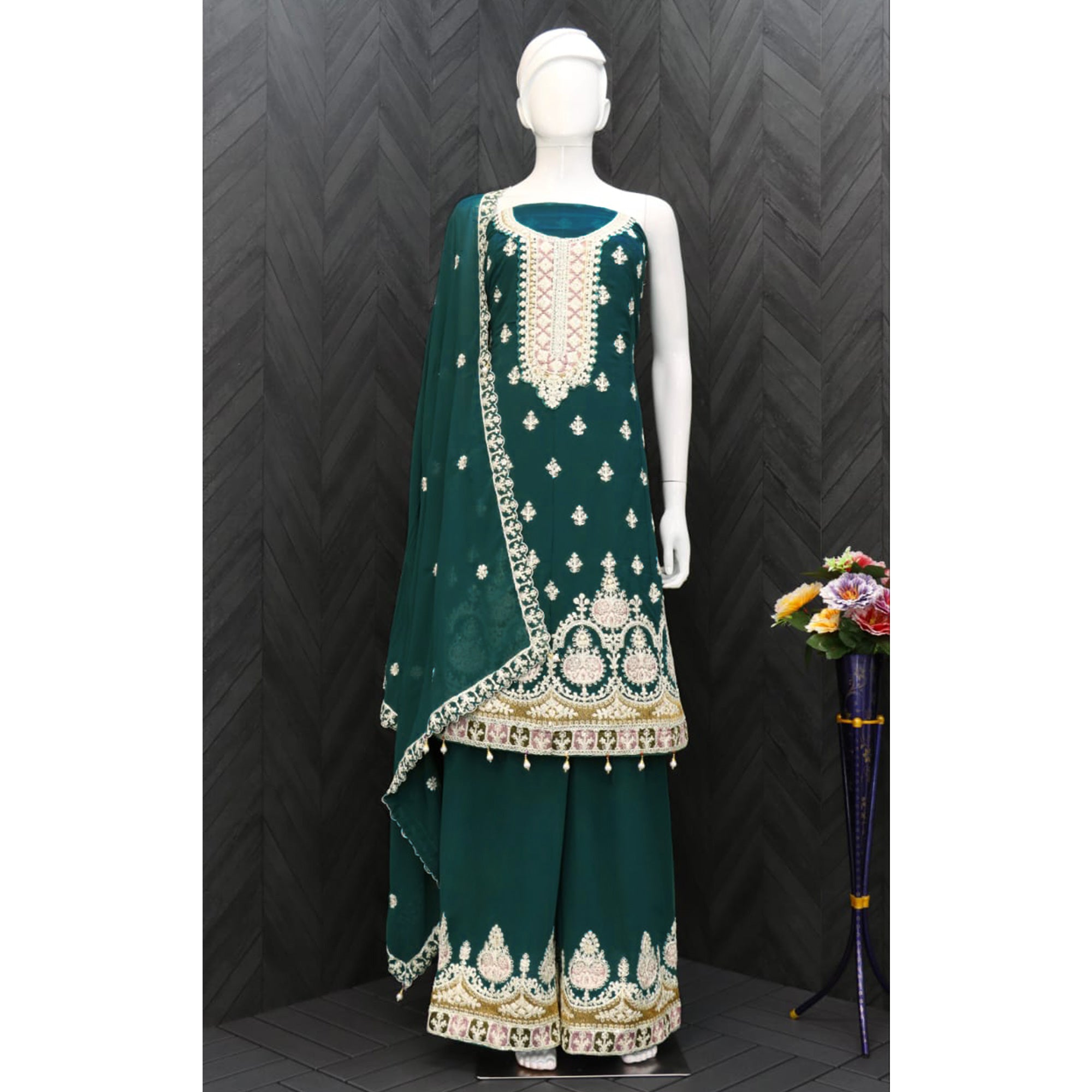 Green Sequins Embroidered Georgette Semi Stitched Sharara Suit