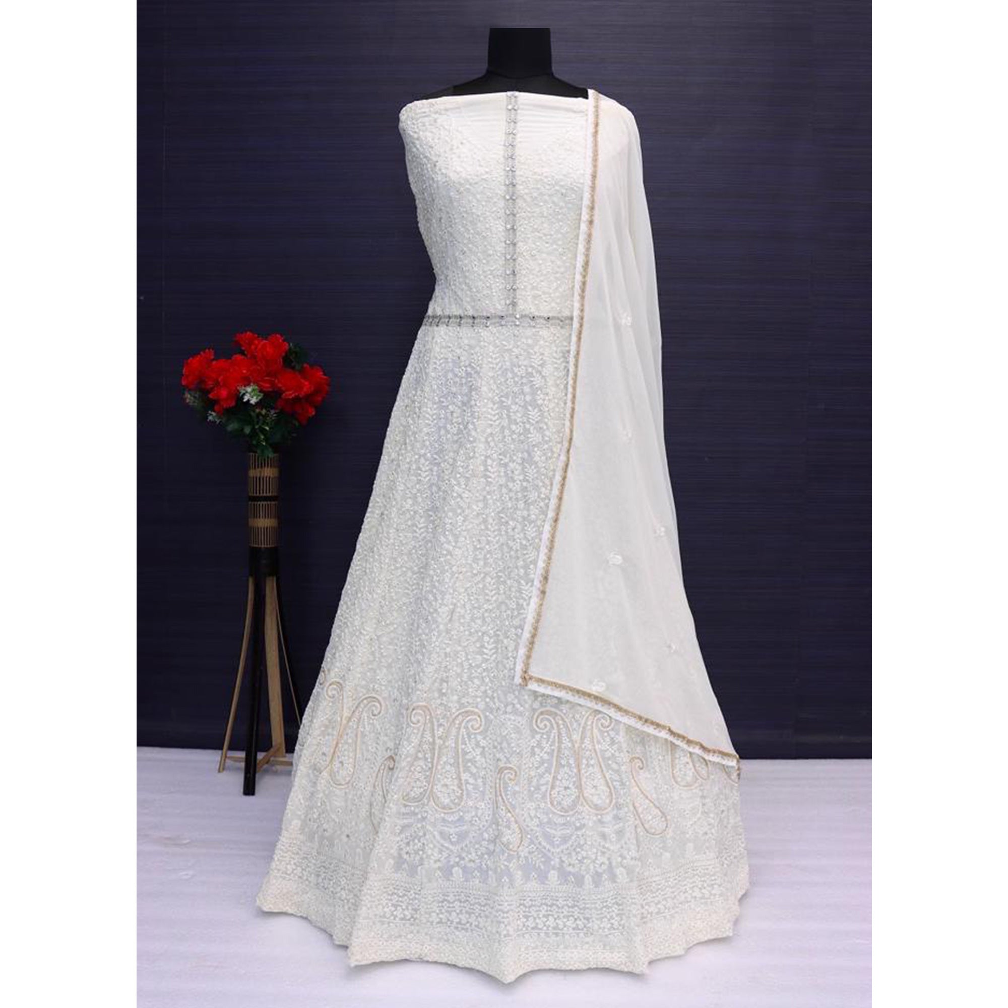 White Floral Embroidered Georgette Semi Stitched Anarkali Suit