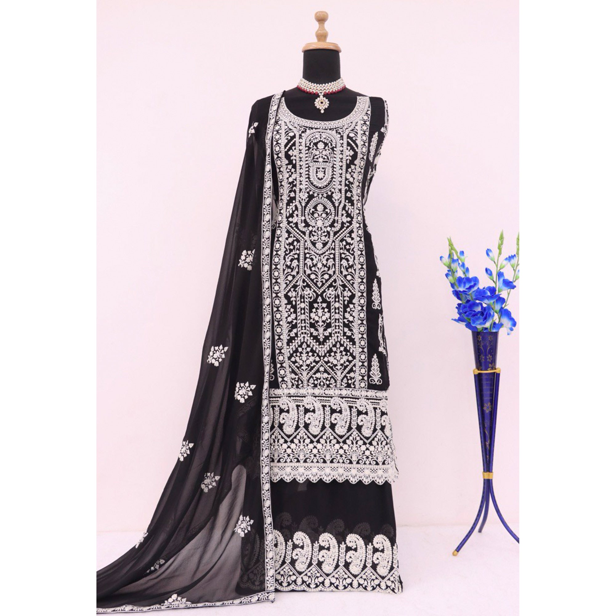Black Floral Embroidered Georgette Semi Stitched Suit