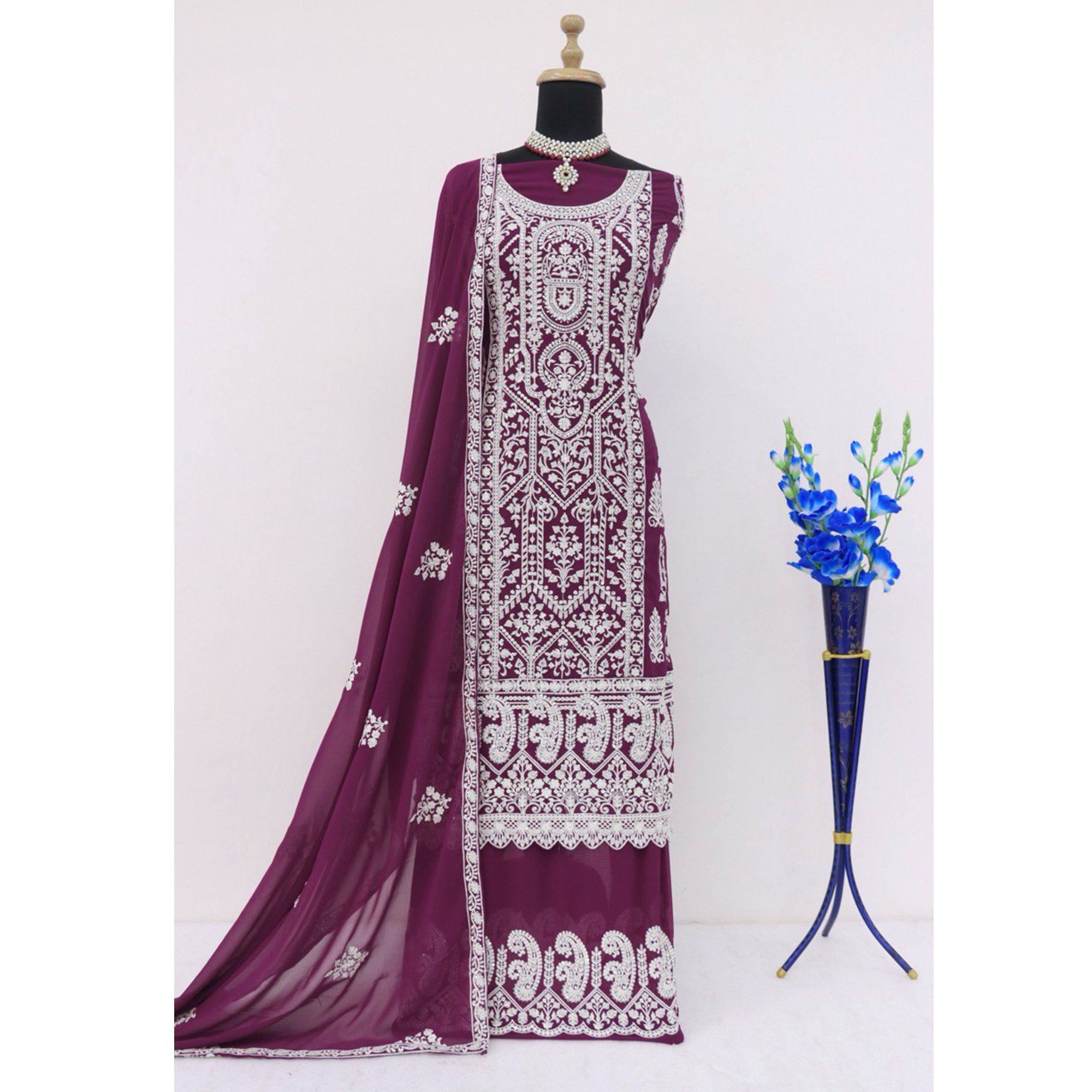 Purple Floral Embroidered Georgette Semi Stitched Suit