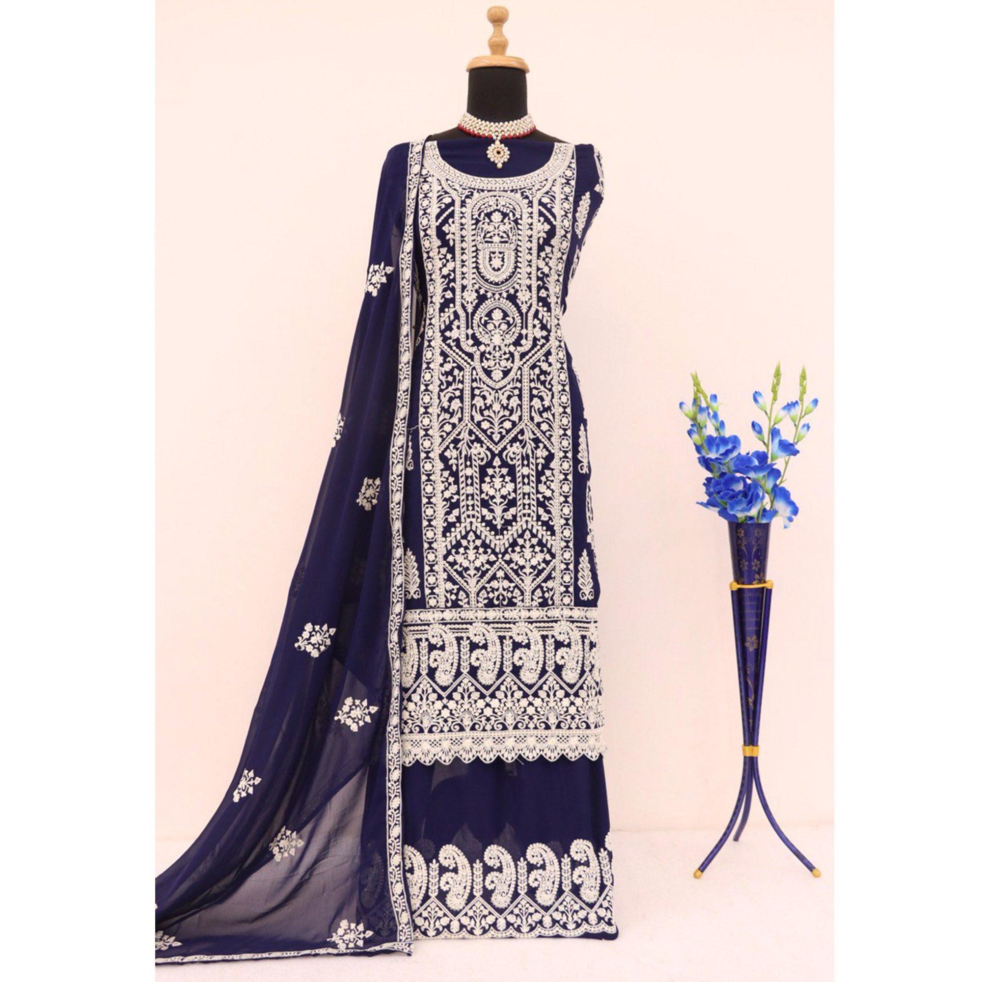 Blue Floral Embroidered Georgette Semi Stitched Suit