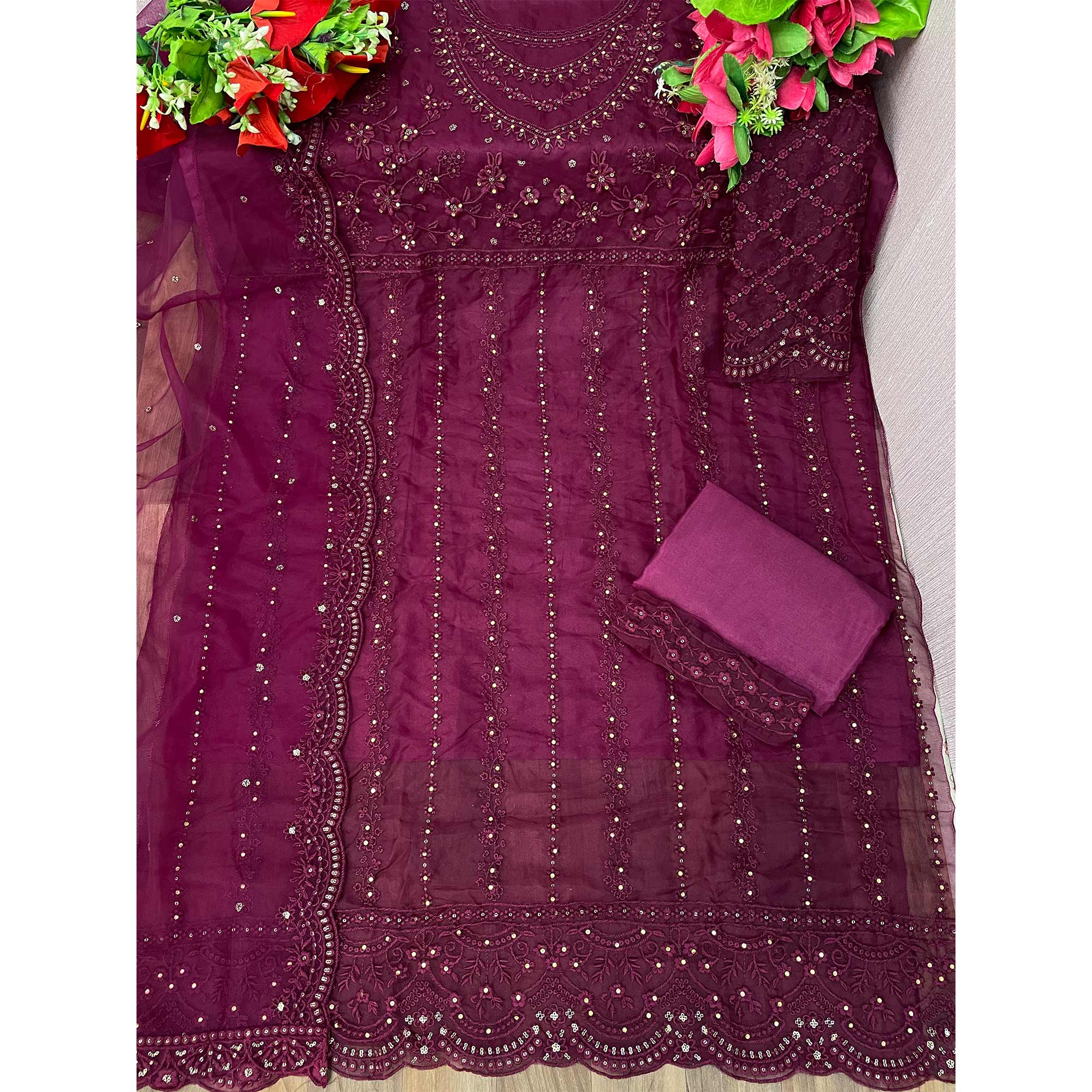 Wine Floral Embroidered Organza Semi Stitched Suit