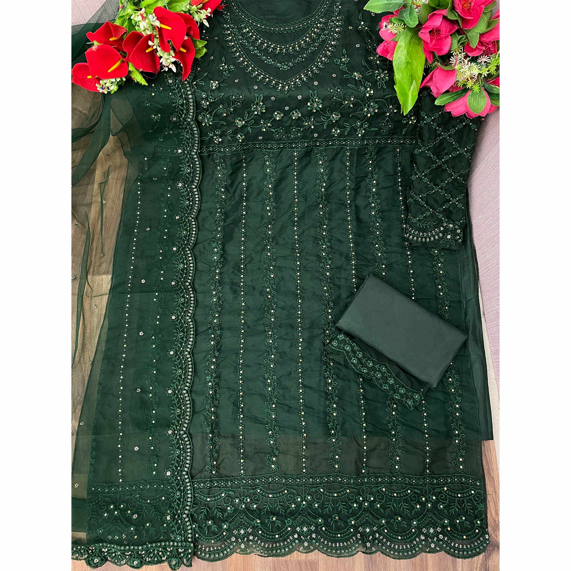 Bottle Green Floral Embroidered Organza Semi Stitched Suit