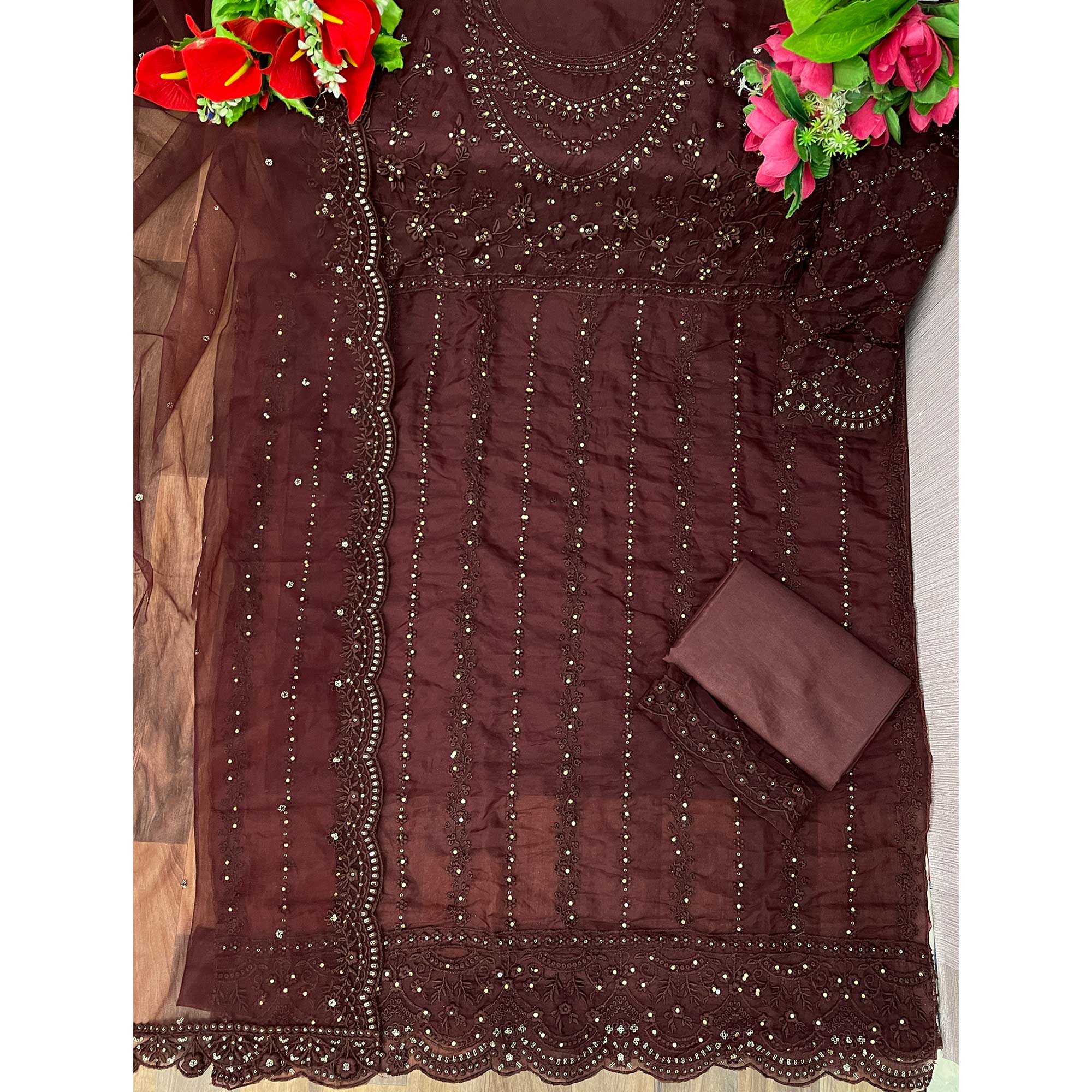 Brown Floral Embroidered Organza Semi Stitched Suit