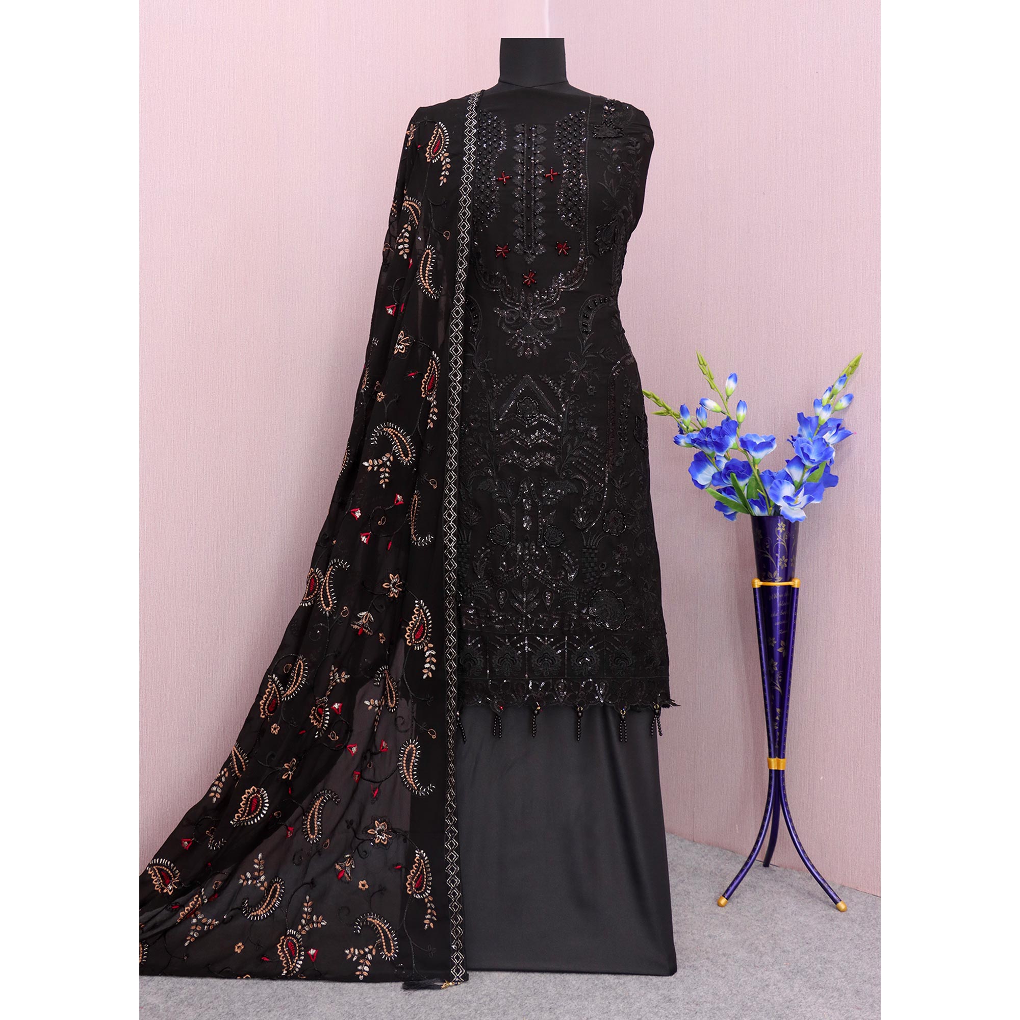 Black Embroidered Georgette Semi Stitched Pakistani Suit