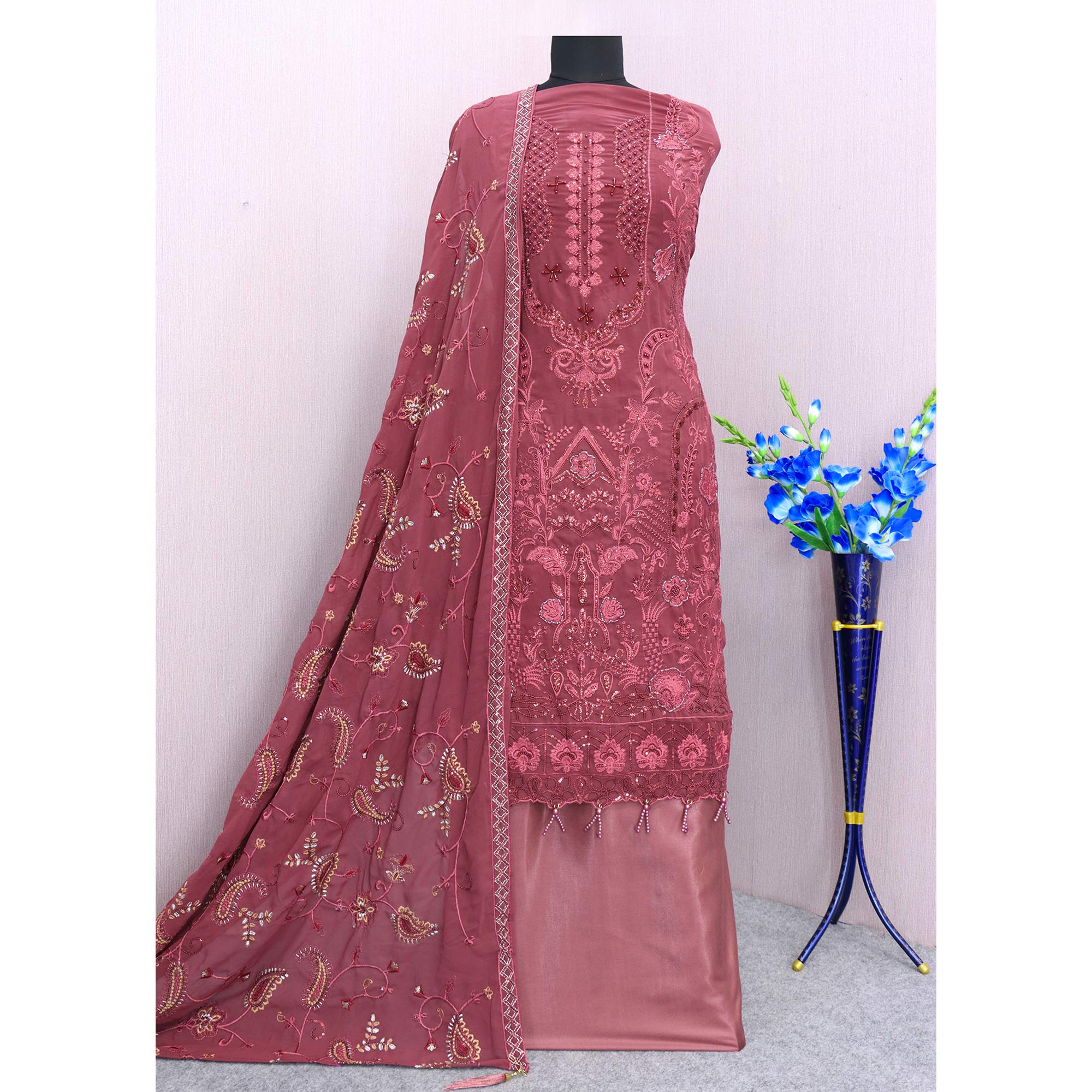 Mauve Embroidered Georgette Semi Stitched Pakistani Suit