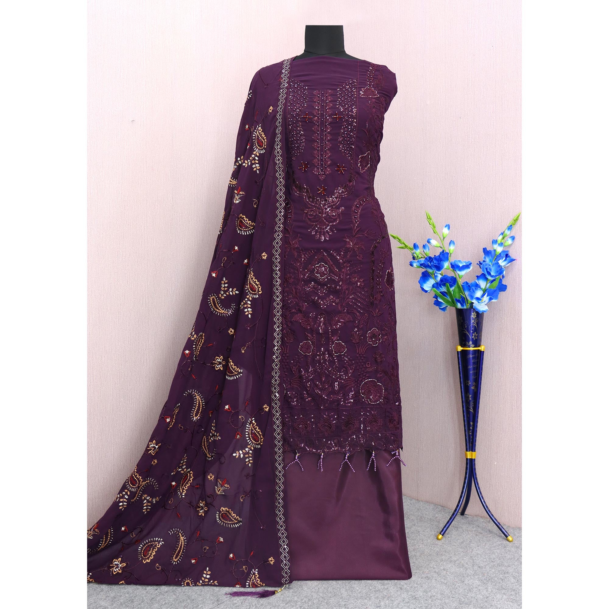 Purple Embroidered Georgette Semi Stitched Pakistani Suit