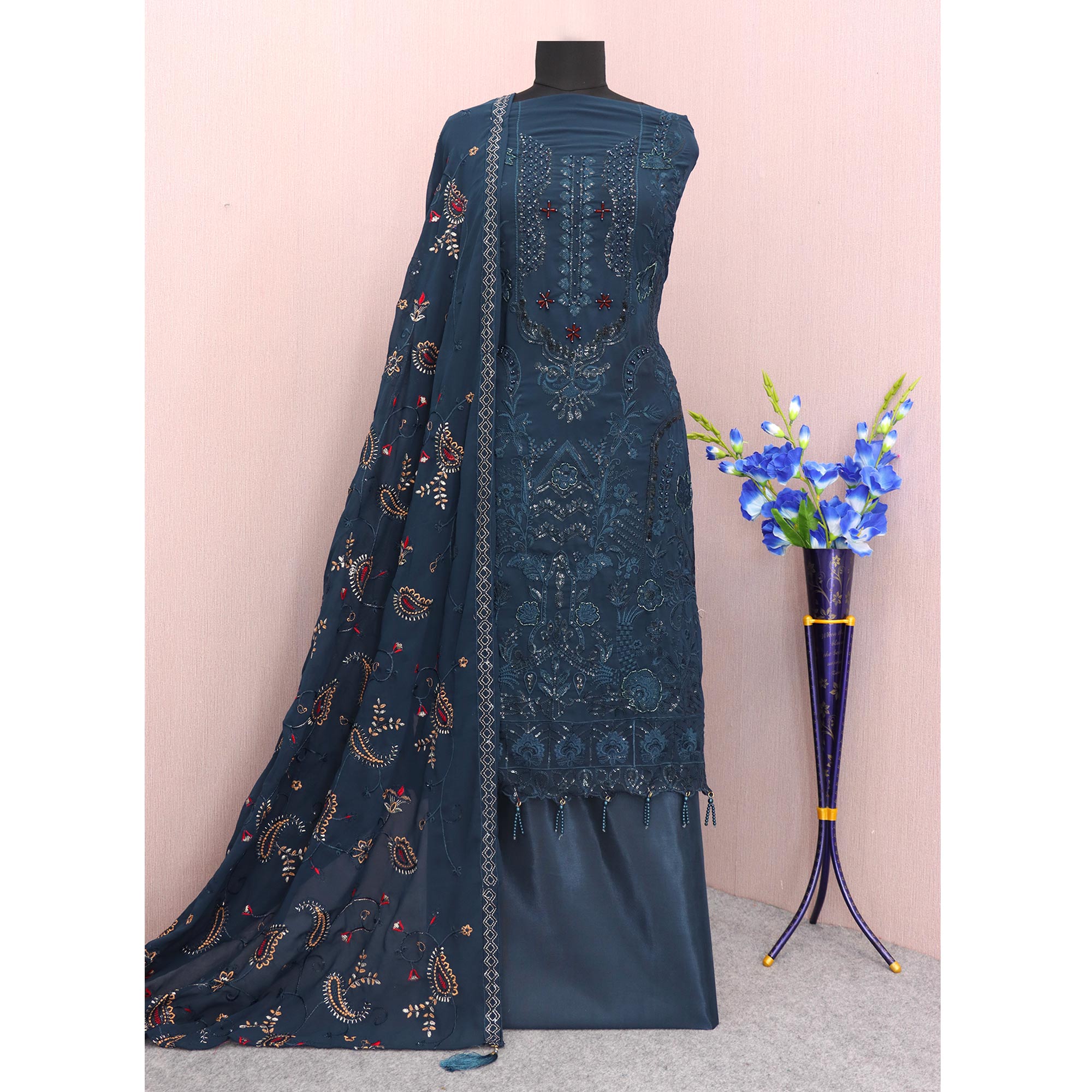 Blue Embroidered Georgette Semi Stitched Pakistani Suit