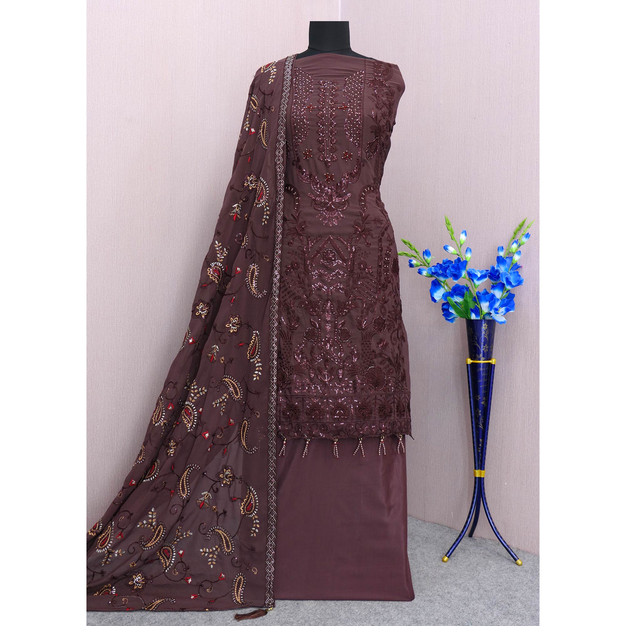 Wine Embroidered Georgette Semi Stitched Pakistani Suit