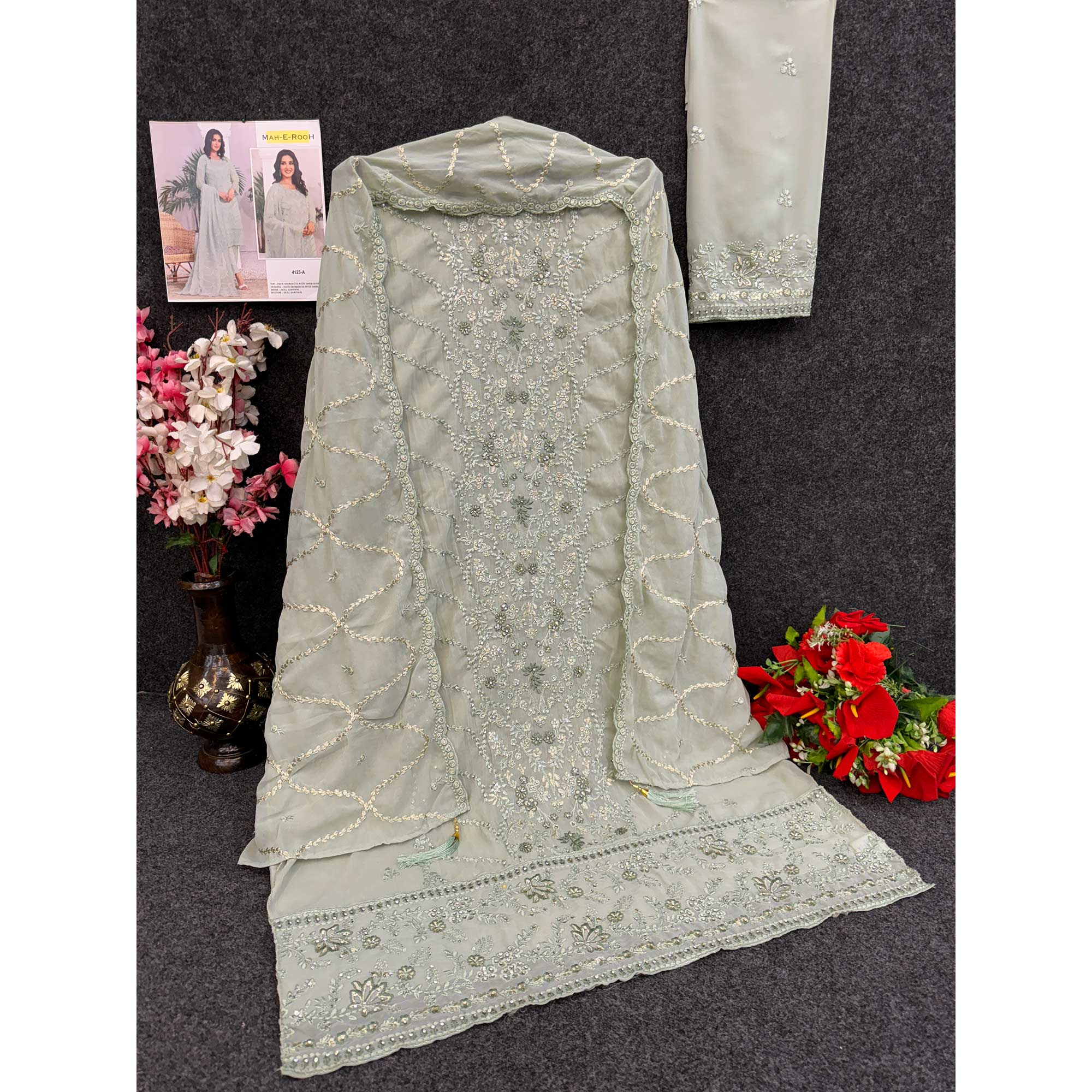 Green Embroidered Georgette Pakistani Semi Stitched Dress Material