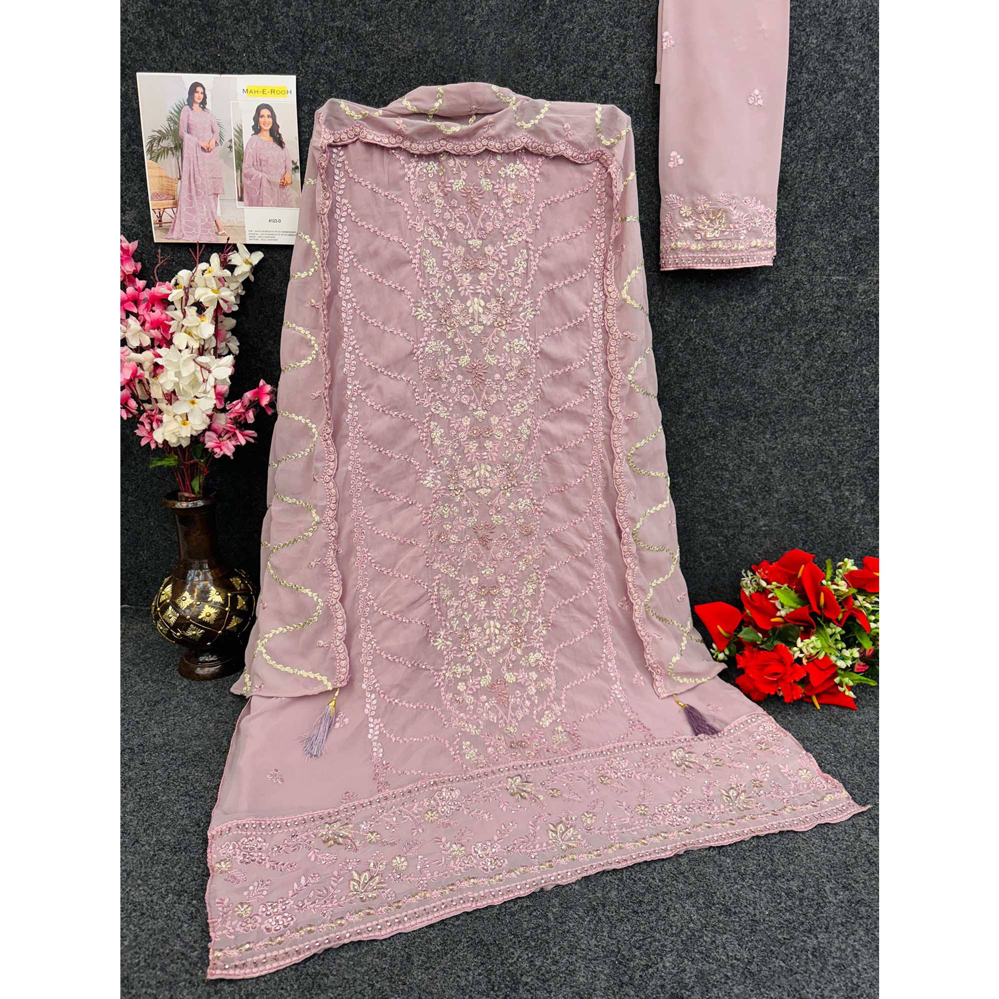 Dusty Pink Embroidered Georgette Pakistani Semi Stitched Dress Material