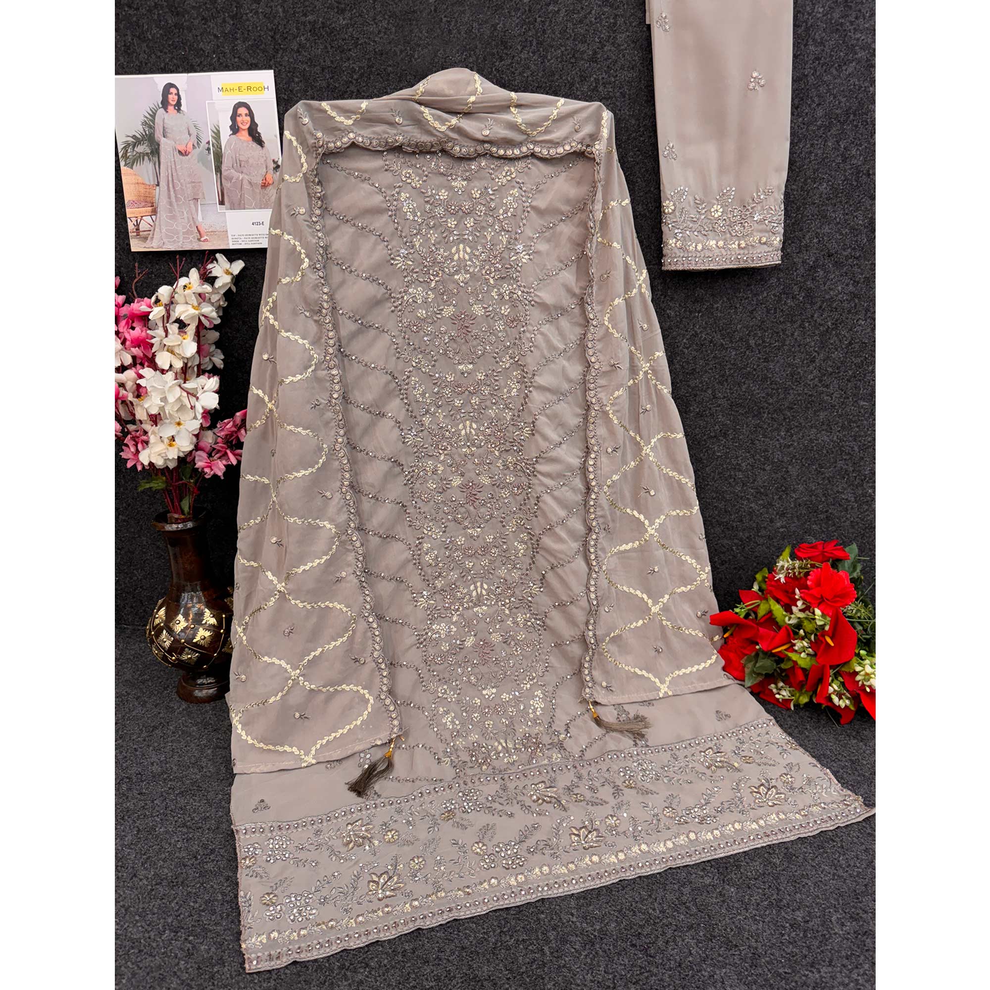Beige Embroidered Georgette Pakistani Semi Stitched Dress Material