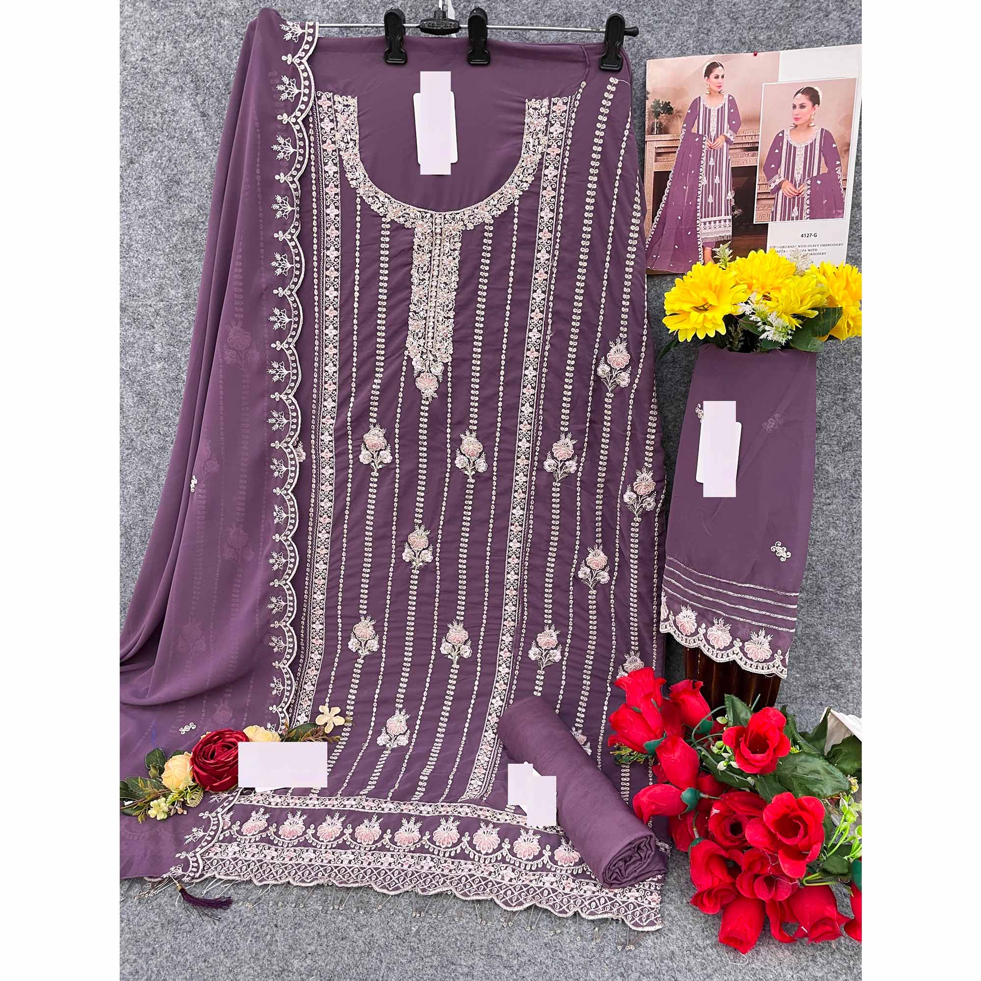 Purple Floral Hand Embroidered Georgette Semi Stitched Pakistani Suit