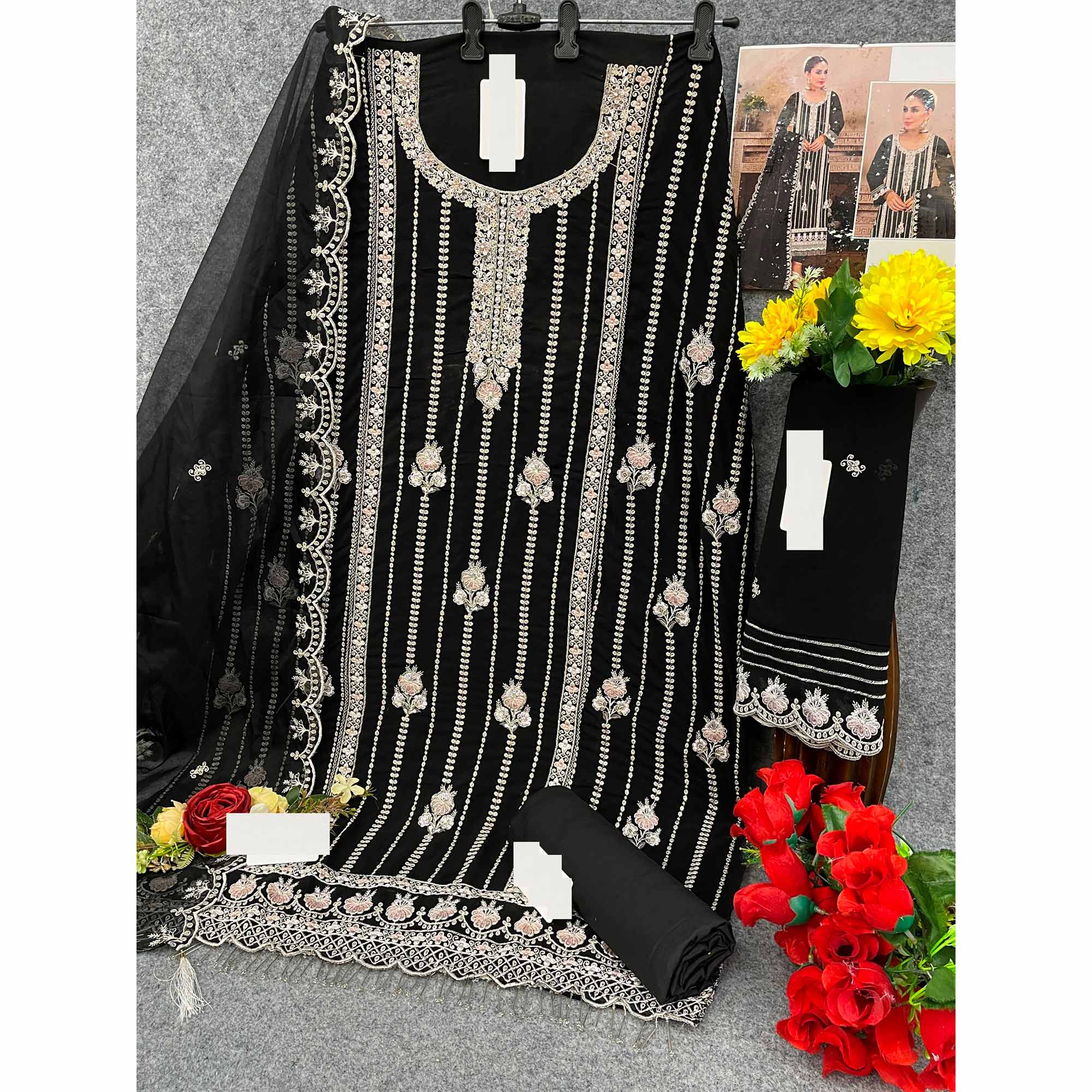 Black Floral Hand Embroidered Georgette Semi Stitched Pakistani Suit