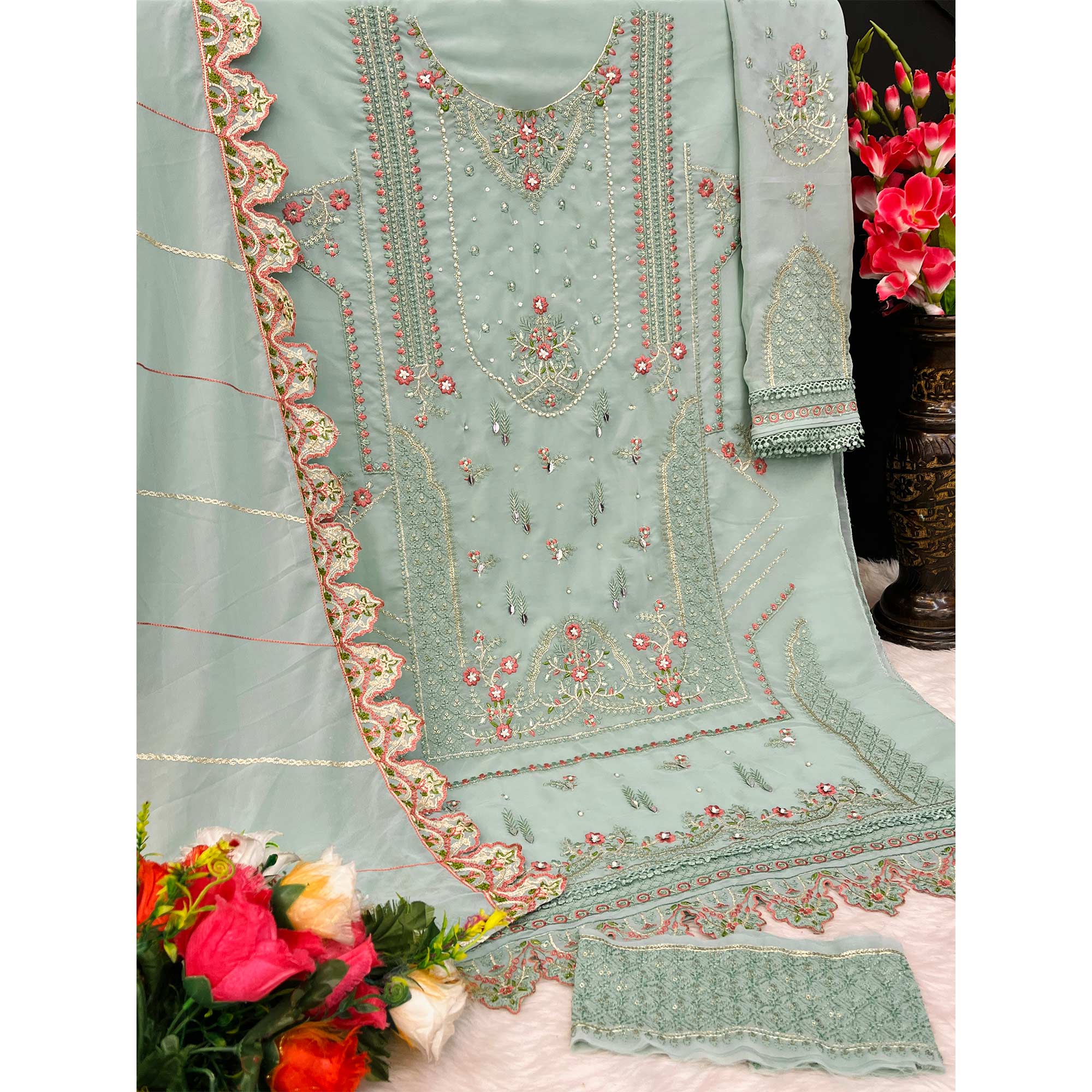Light Green Floral Embroidered Georgette Pakistani Semi Stitched Dress Material