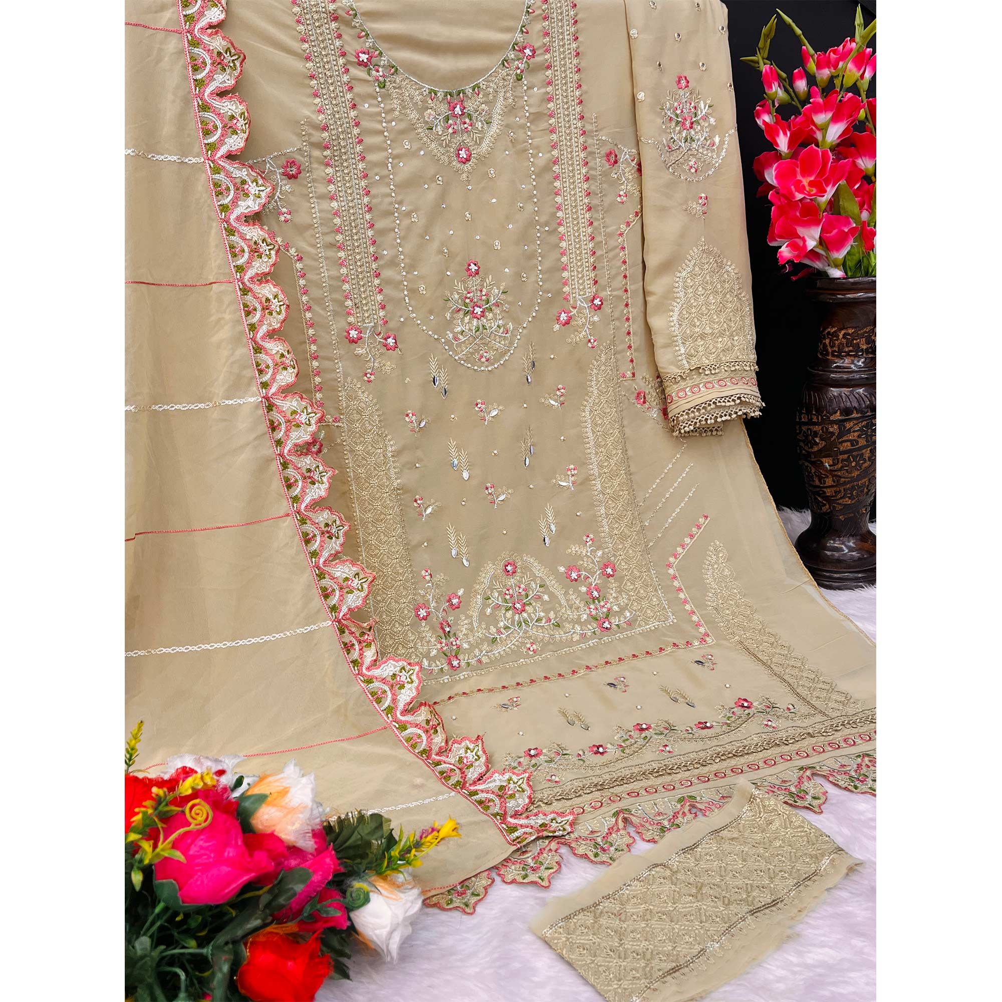Cream Floral Embroidered Georgette Pakistani Semi Stitched Dress Material