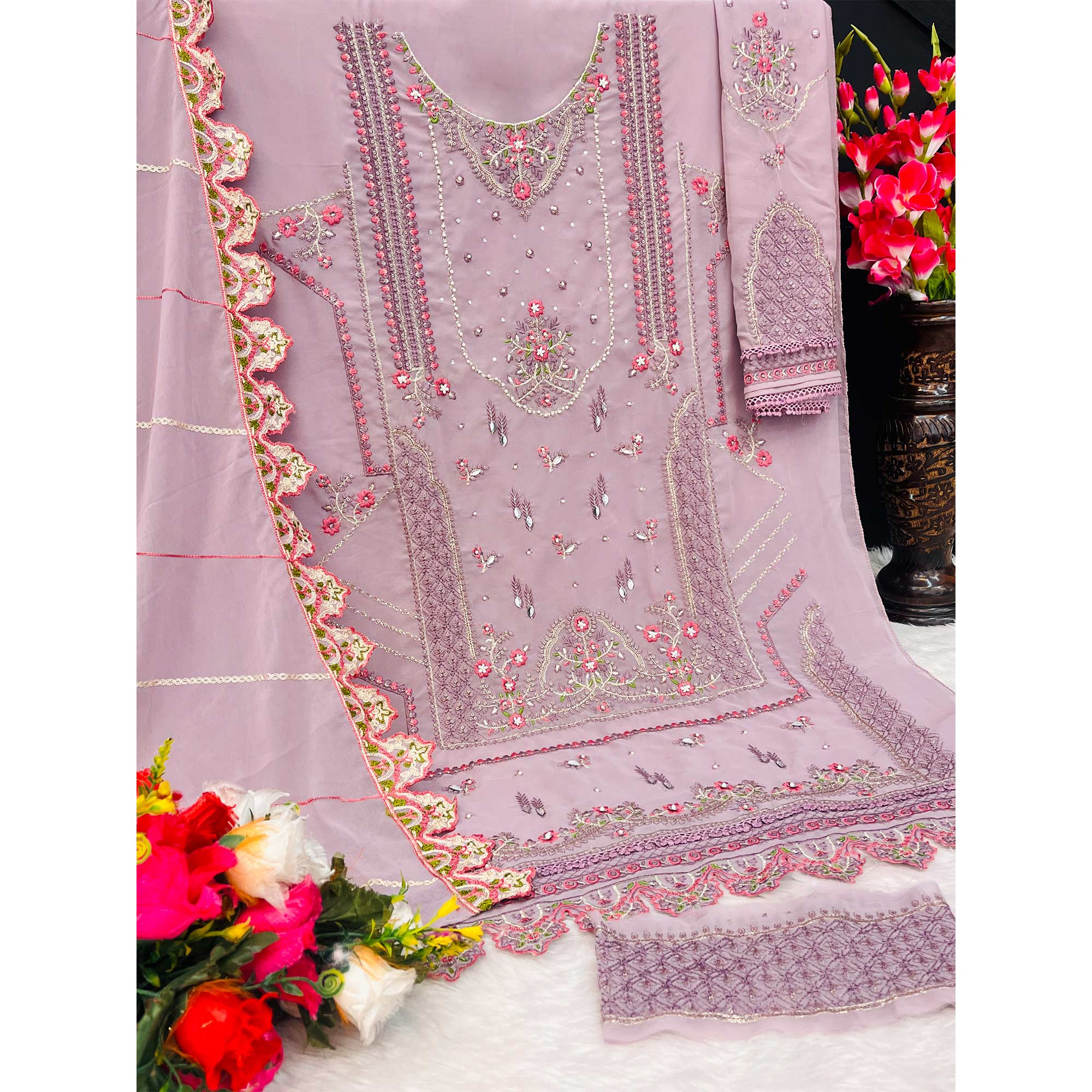 Purple Floral Embroidered Georgette Pakistani Semi Stitched Dress Material