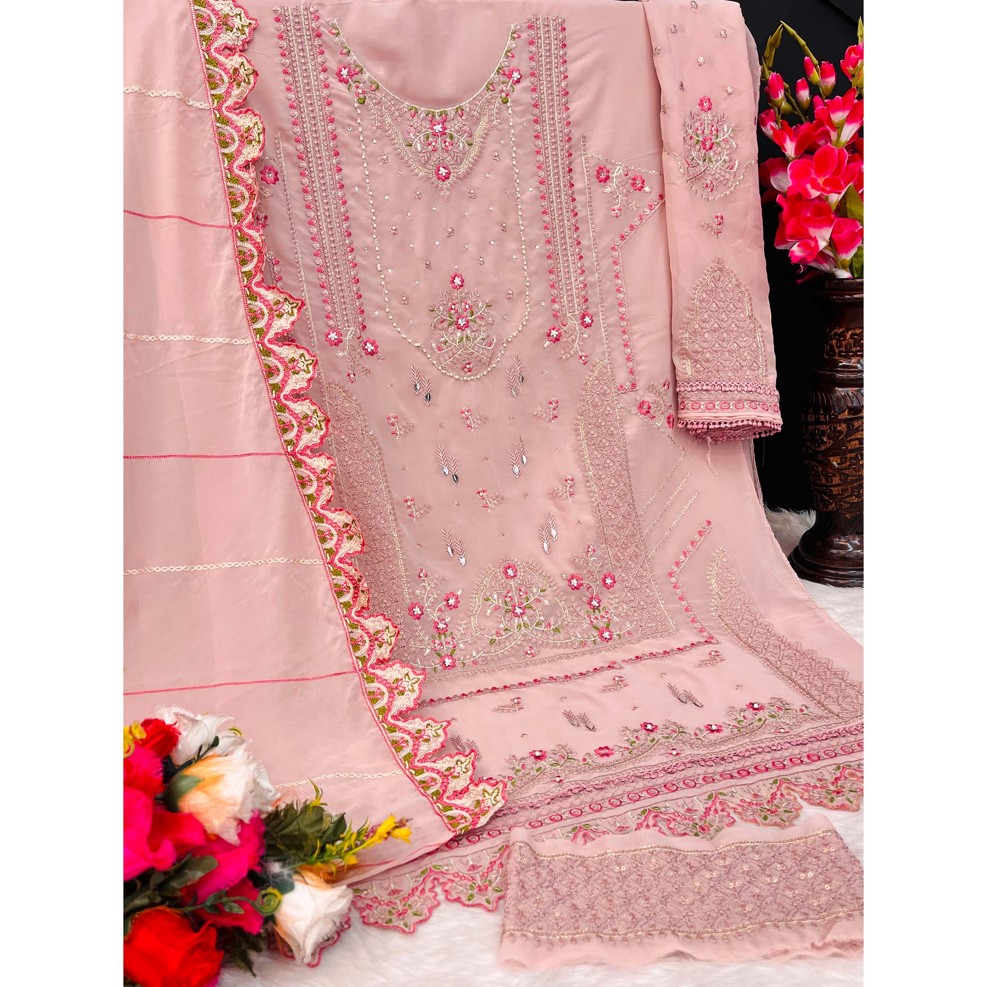 Peach Floral Embroidered Georgette Pakistani Semi Stitched Dress Material