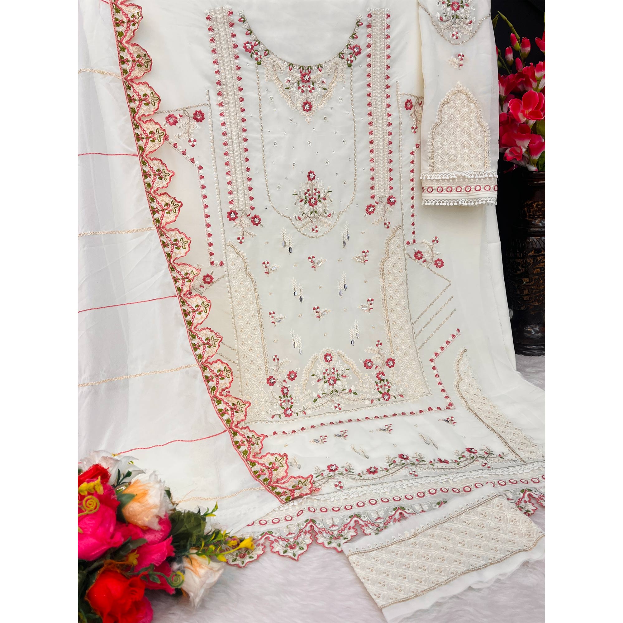 Off white Floral Embroidered Georgette Pakistani Semi Stitched Dress Material