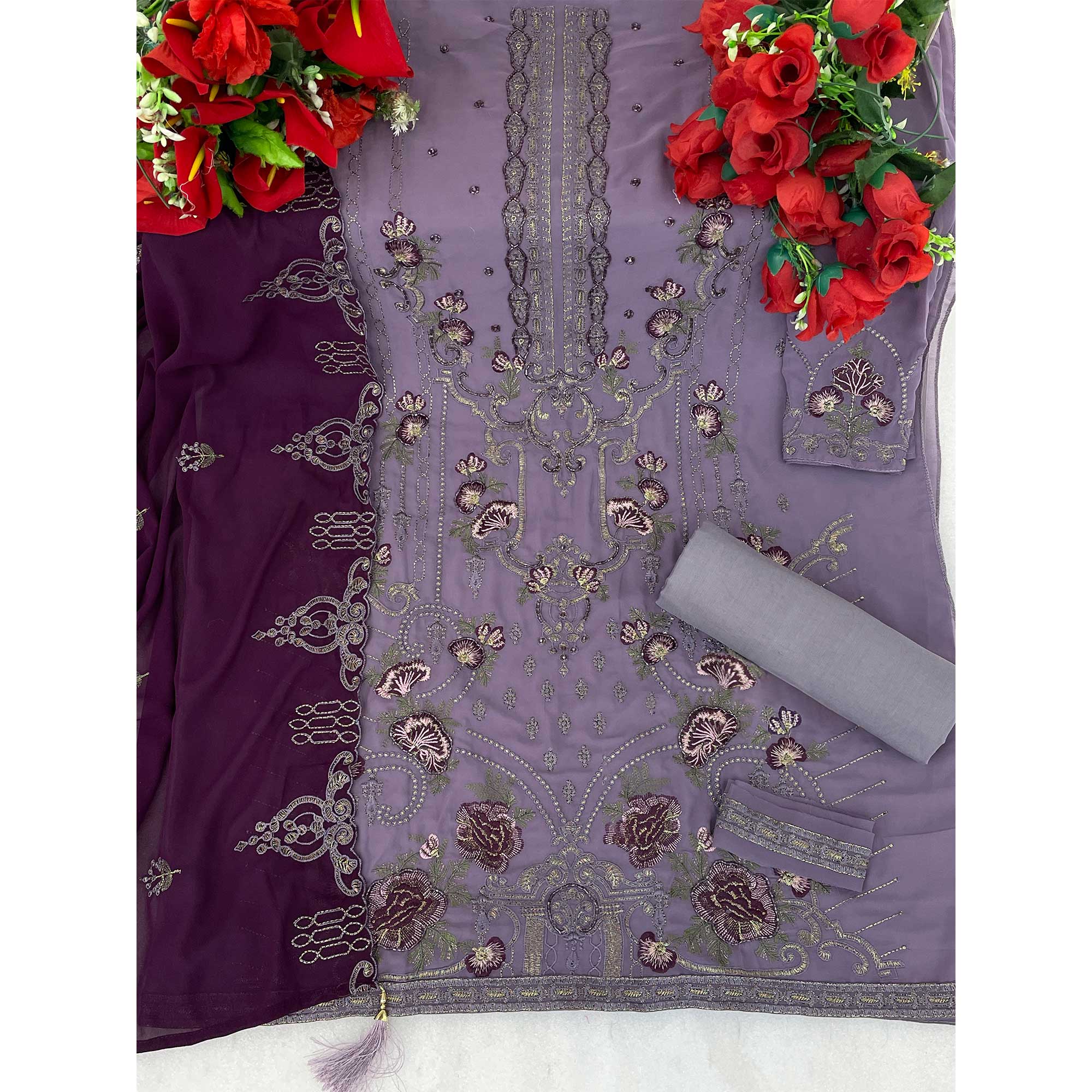Purple Floral Embroidered Georgette Semi Stitched Pakistani Suit