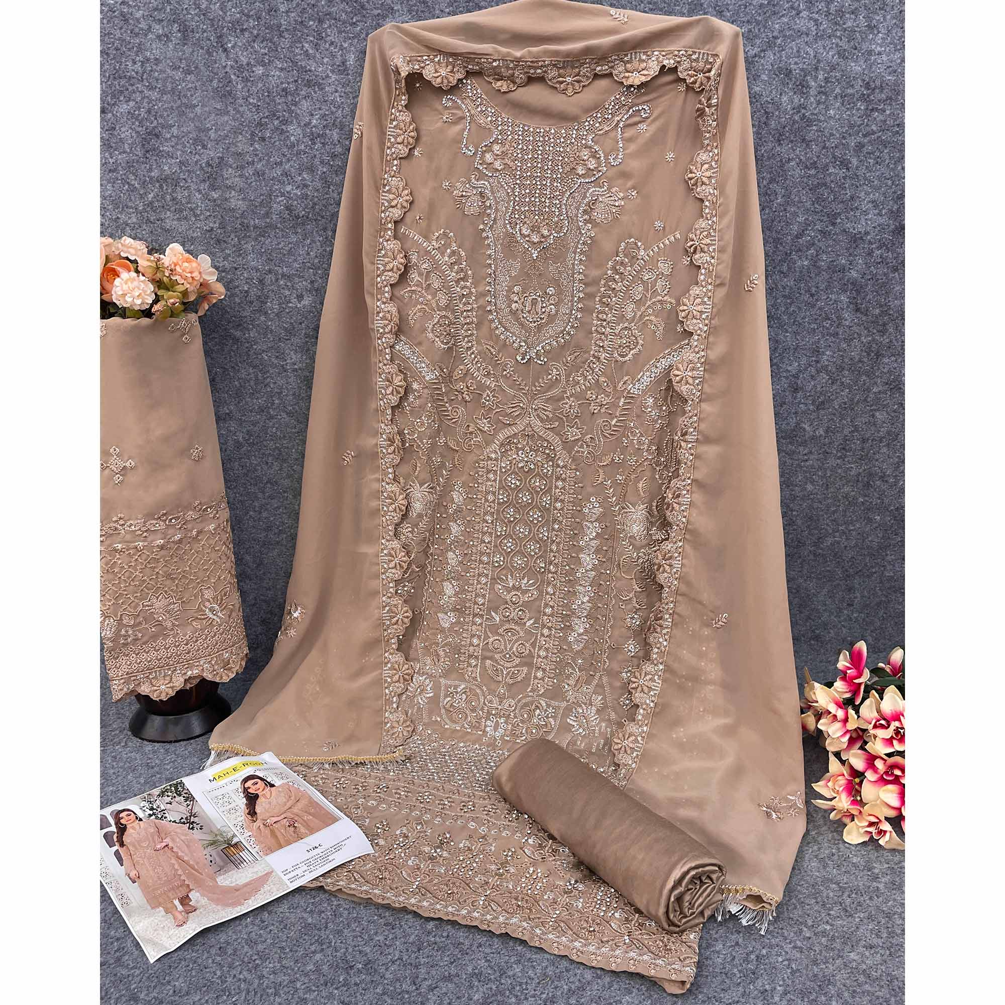 Beige Floral Embroidered Georgette Semi Stitched Pakistani Suit