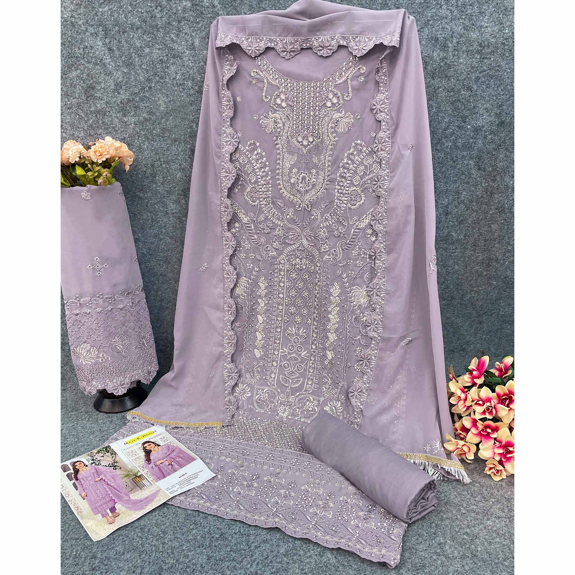 Purple Floral Embroidered Georgette Semi Stitched Pakistani Suit