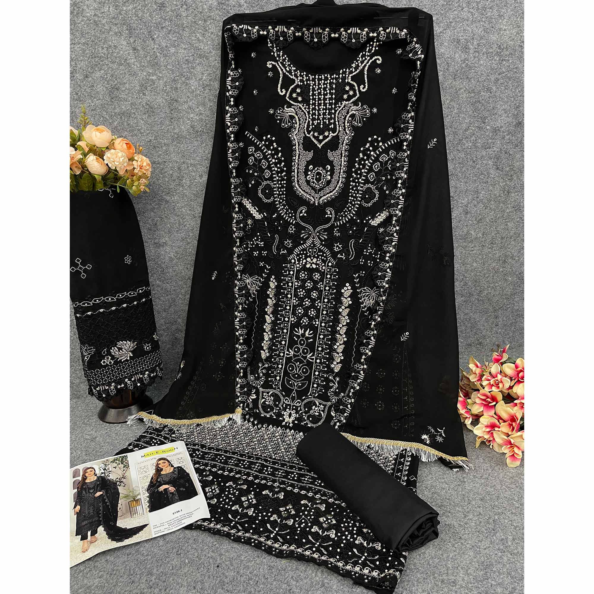 Black Floral Embroidered Georgette Semi Stitched Pakistani Suit