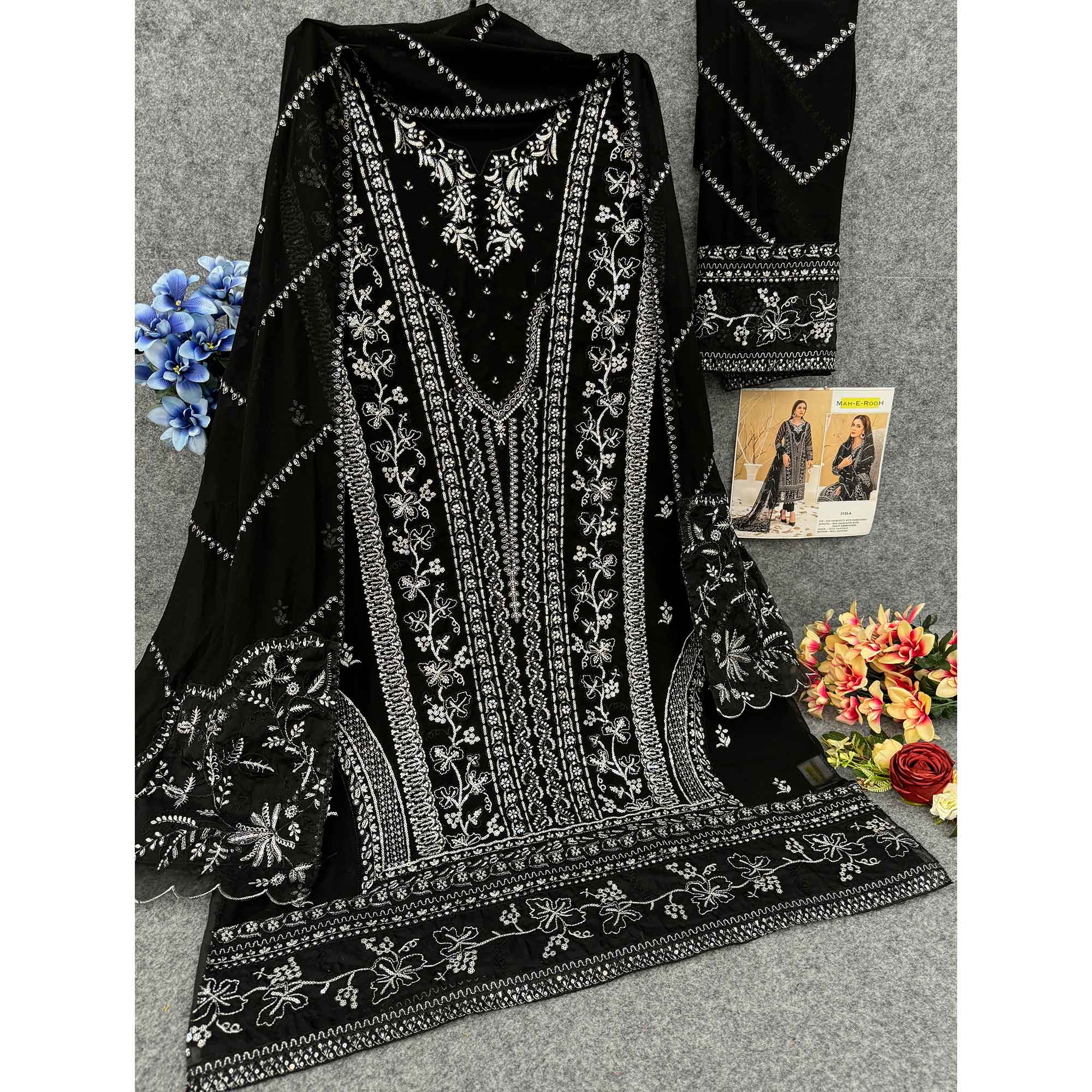 Black Floral Embroidered Georgette Semi Stitched Pakistani Suit
