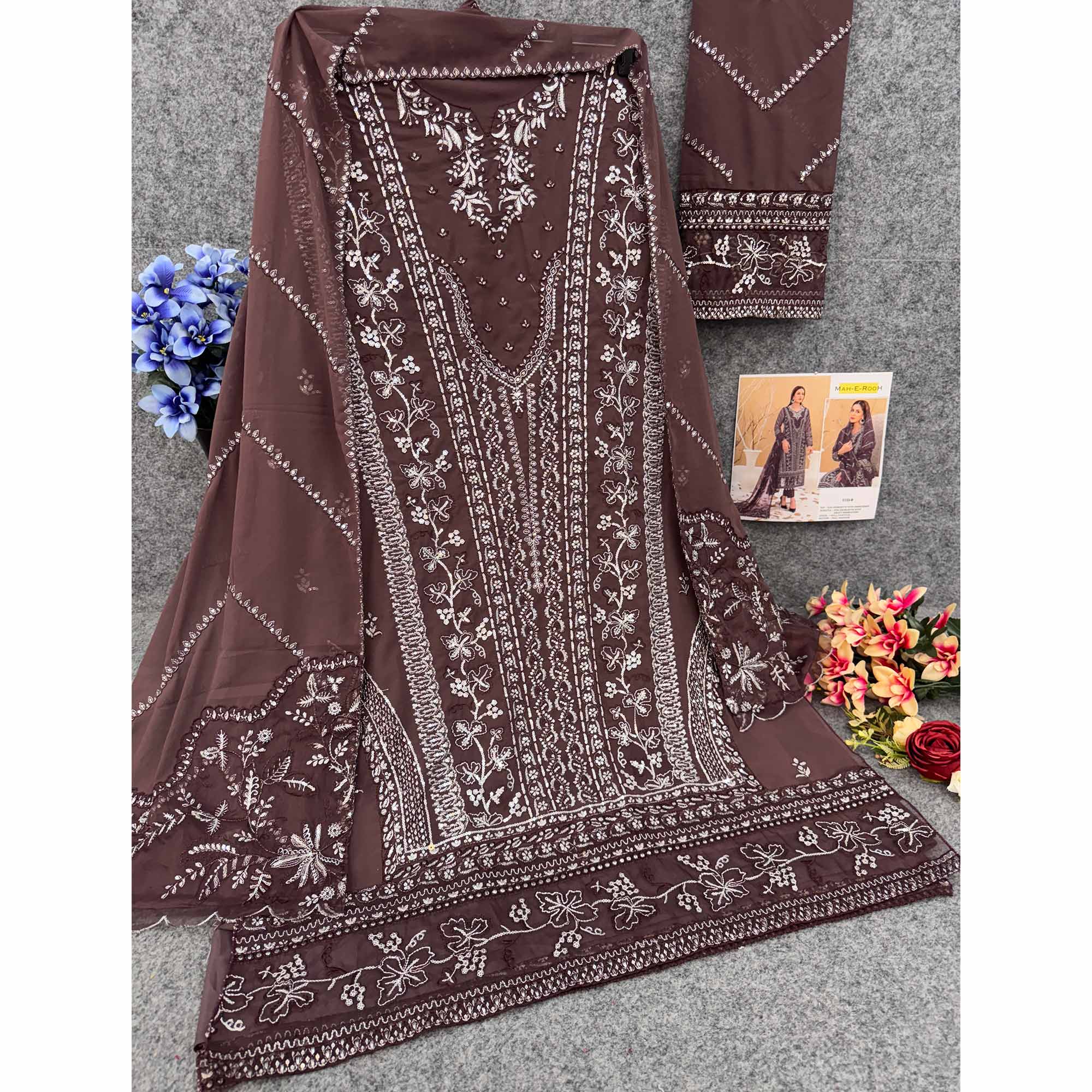 Brown Floral Embroidered Georgette Semi Stitched Pakistani Suit