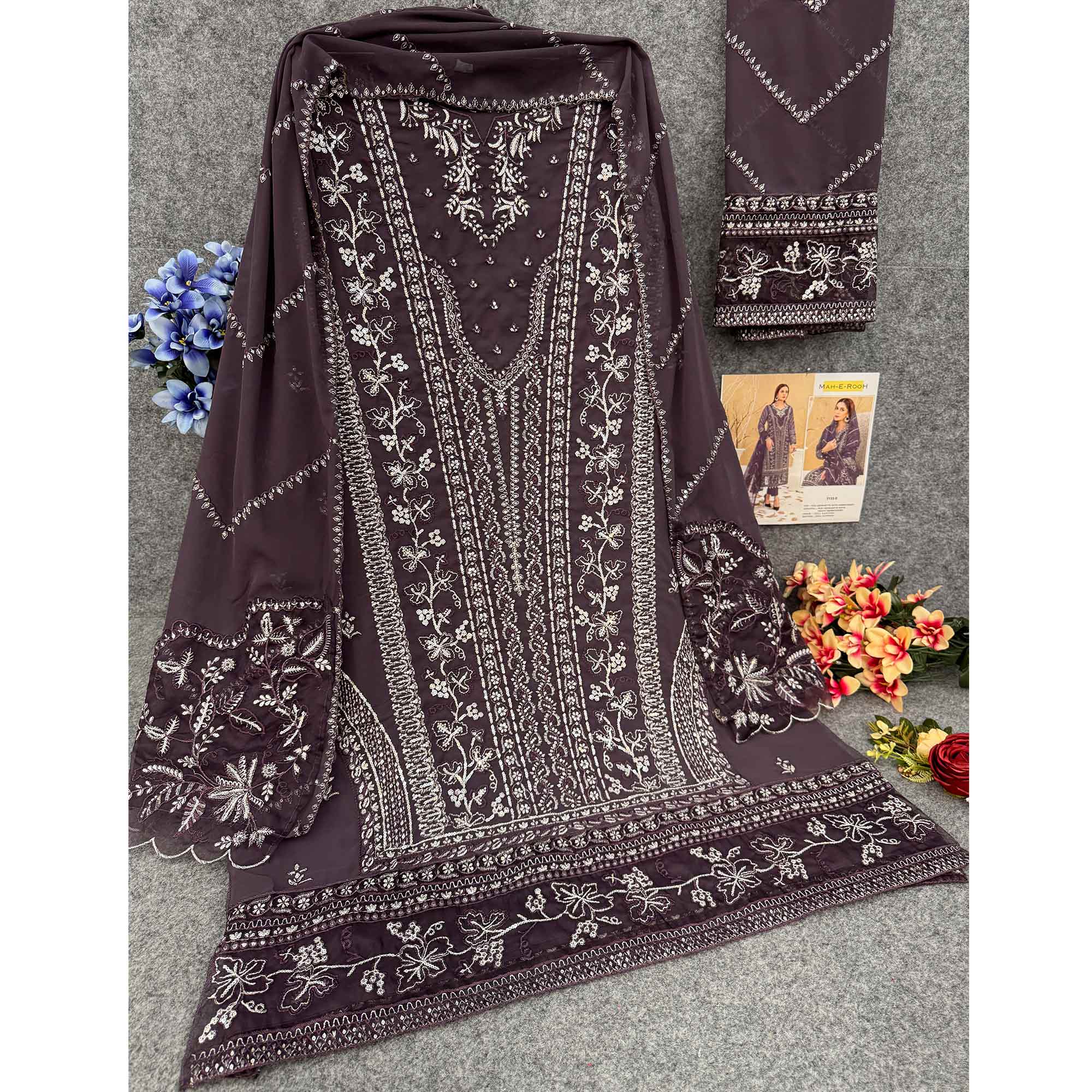 Dark Wine Floral Embroidered Georgette Semi Stitched Pakistani Suit