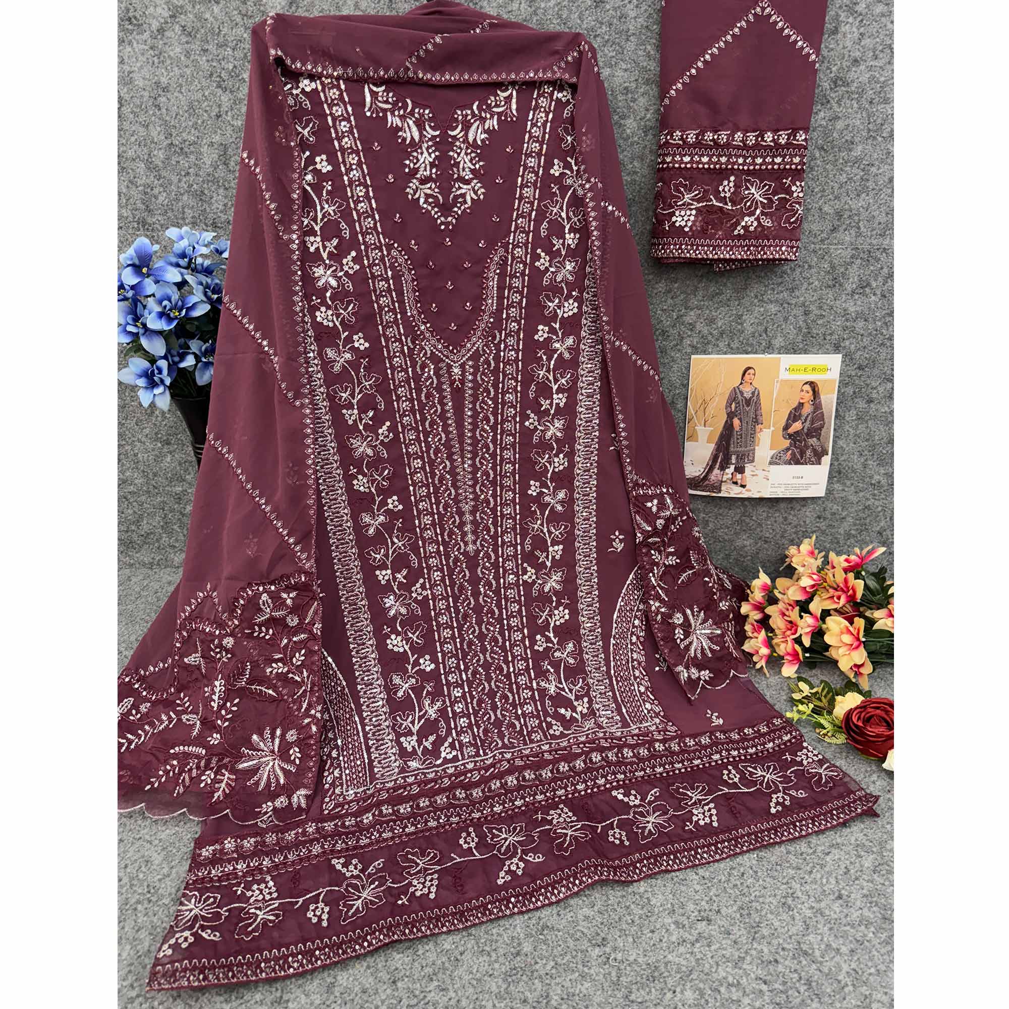 Wine Floral Embroidered Georgette Semi Stitched Pakistani Suit