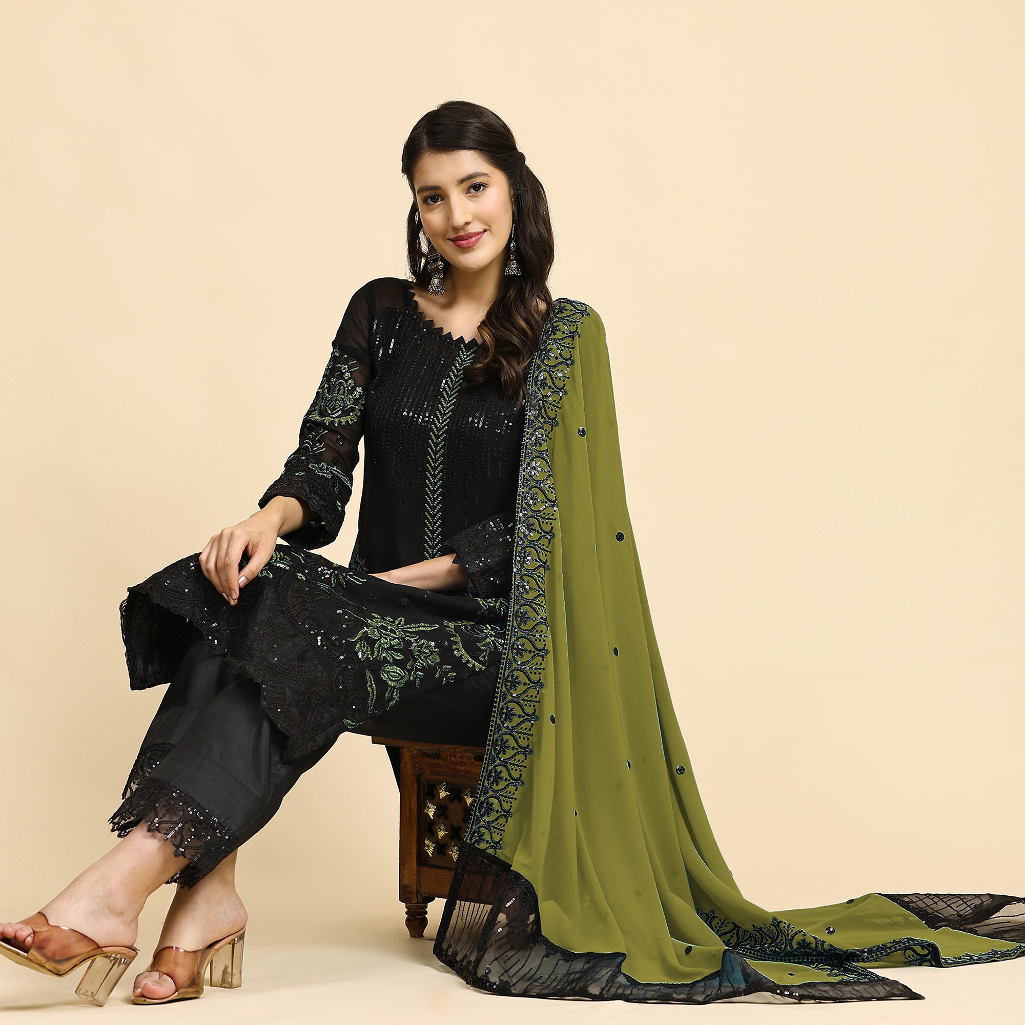 Black & Green Floral Embroidered Georgette Semi Stitched Pakistani Suit