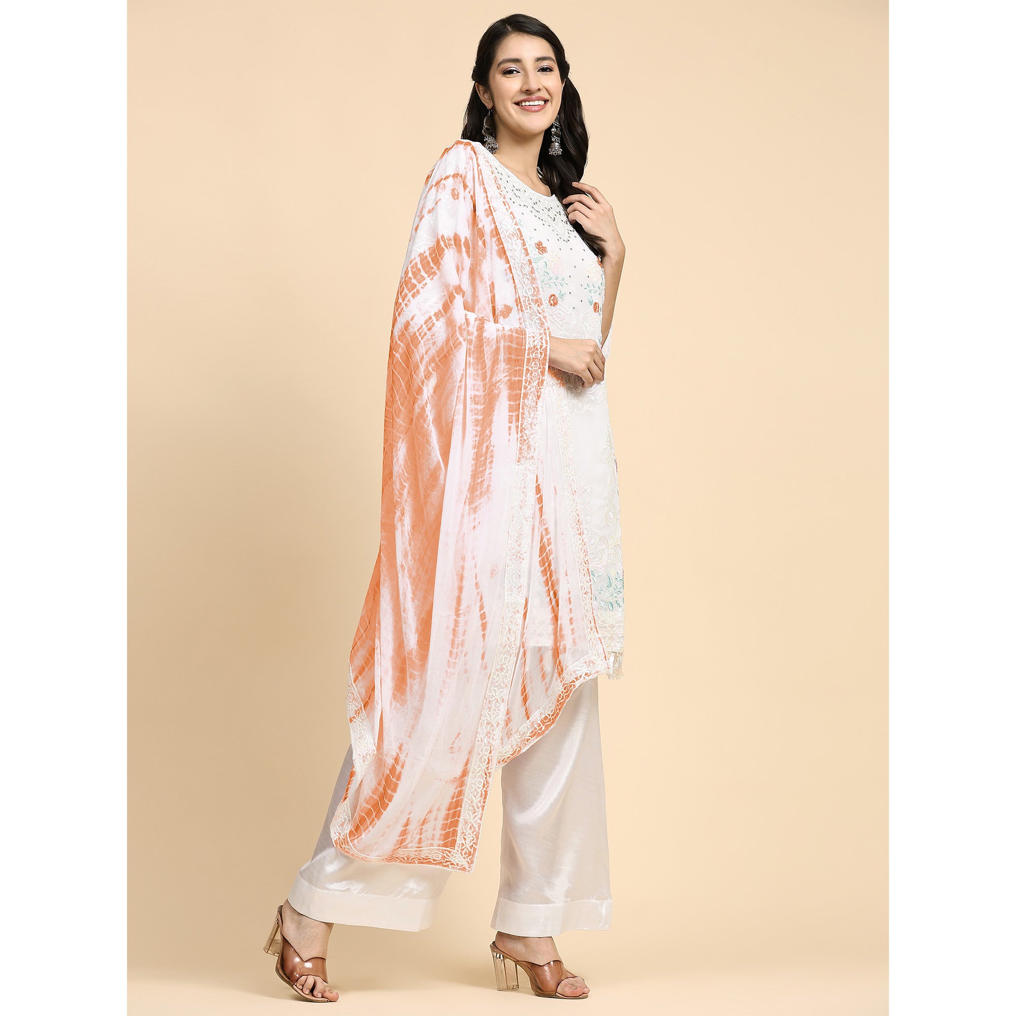 White & Orange Floral Sequins Embroidered Georgette Semi Stitched Pakistani Suit