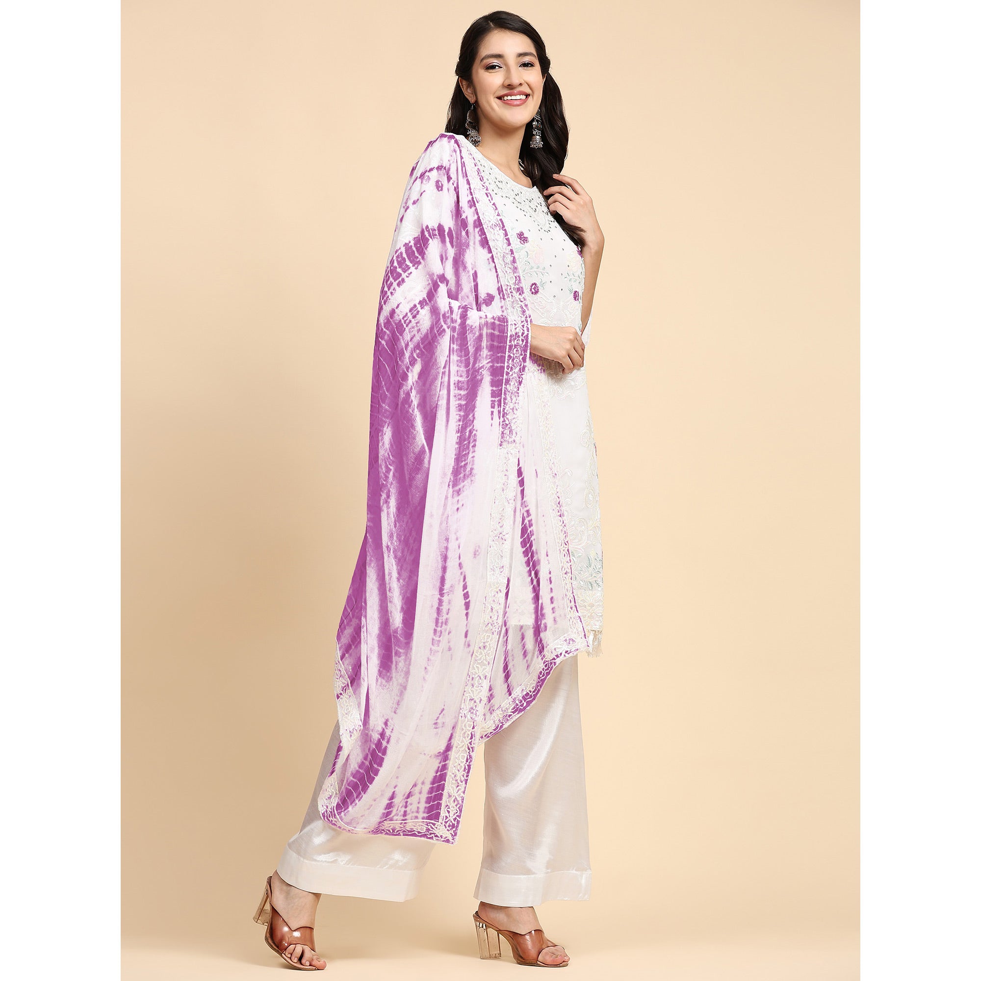White & Purple Floral Sequins Embroidered Georgette Semi Stitched Pakistani Suit