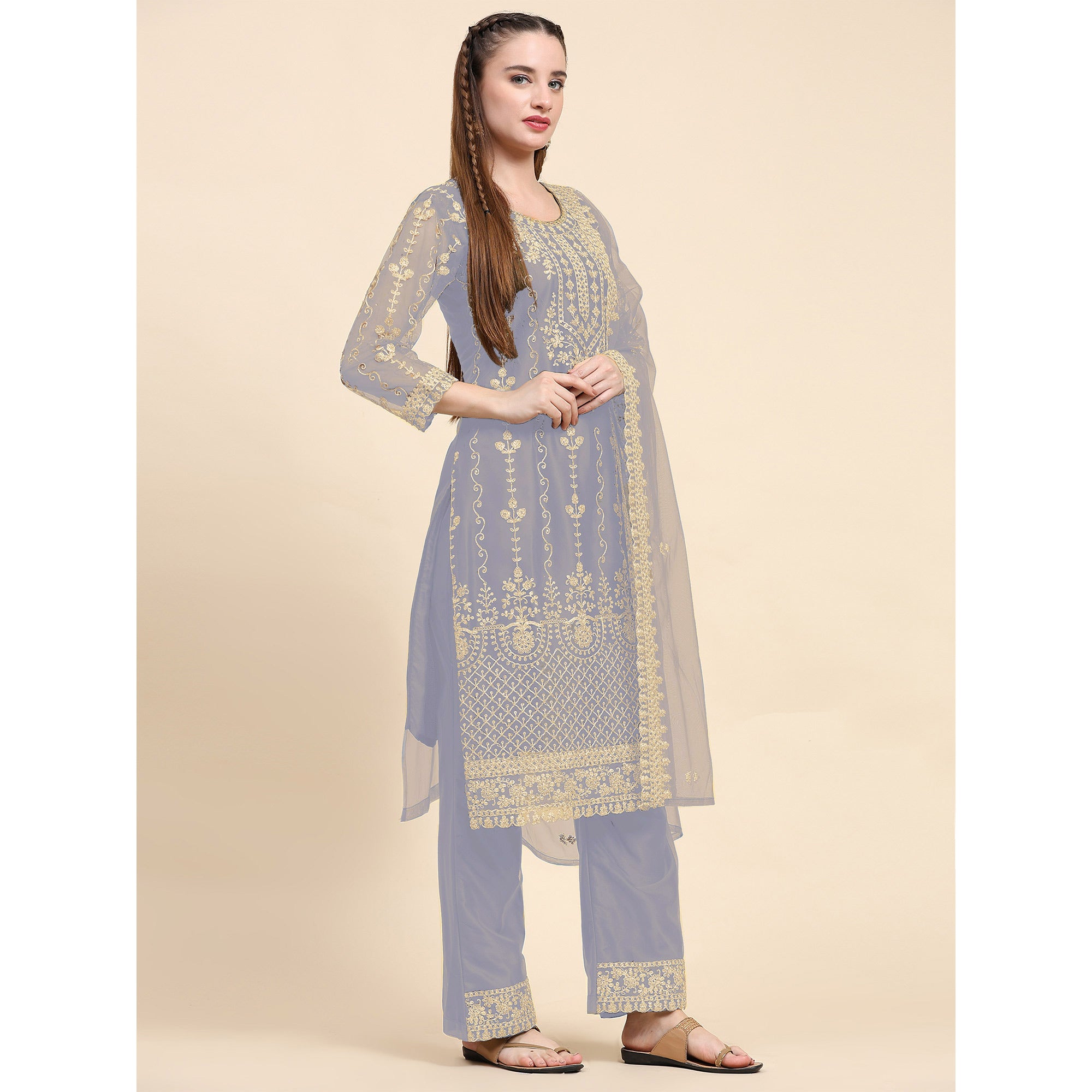 Grey Sequins Embroidered Net Semi Stitched Pakistani Suit