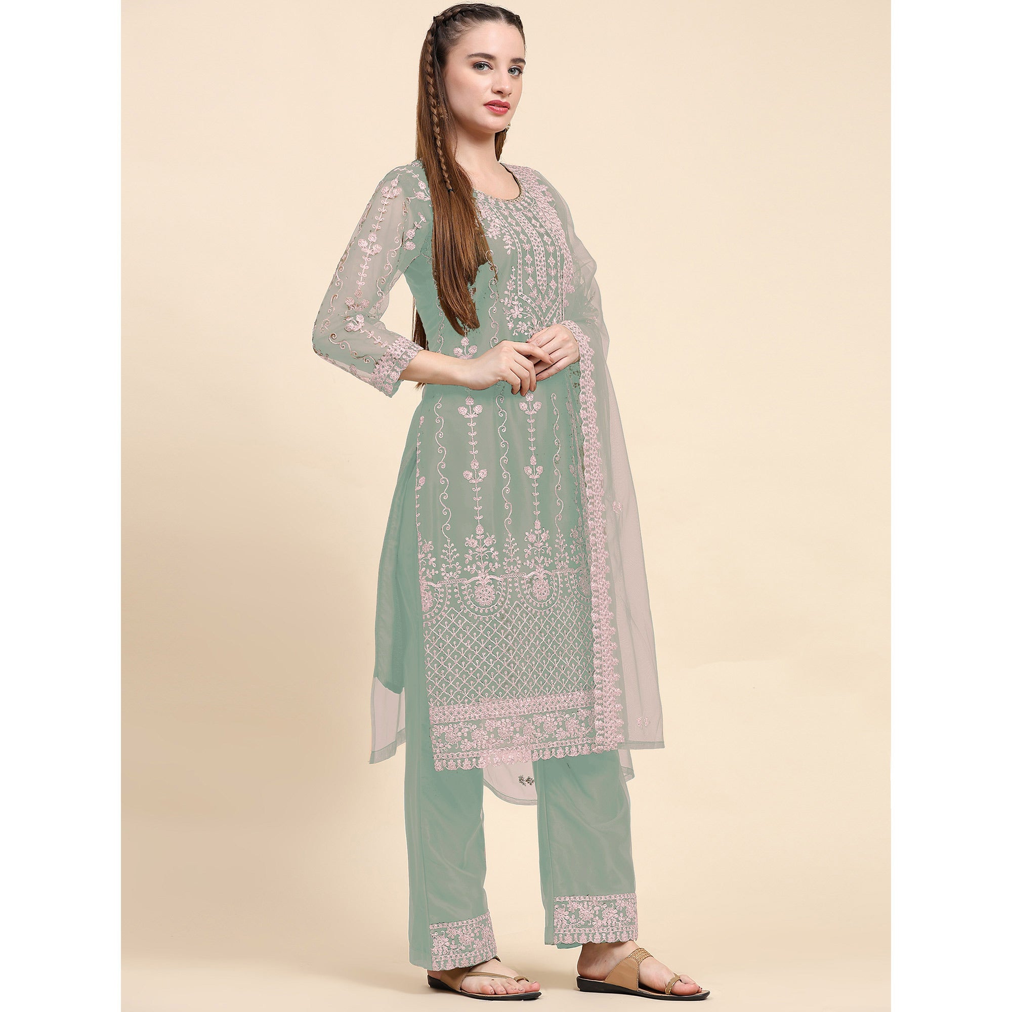 Green Sequins Embroidered Net Semi Stitched Pakistani Suit